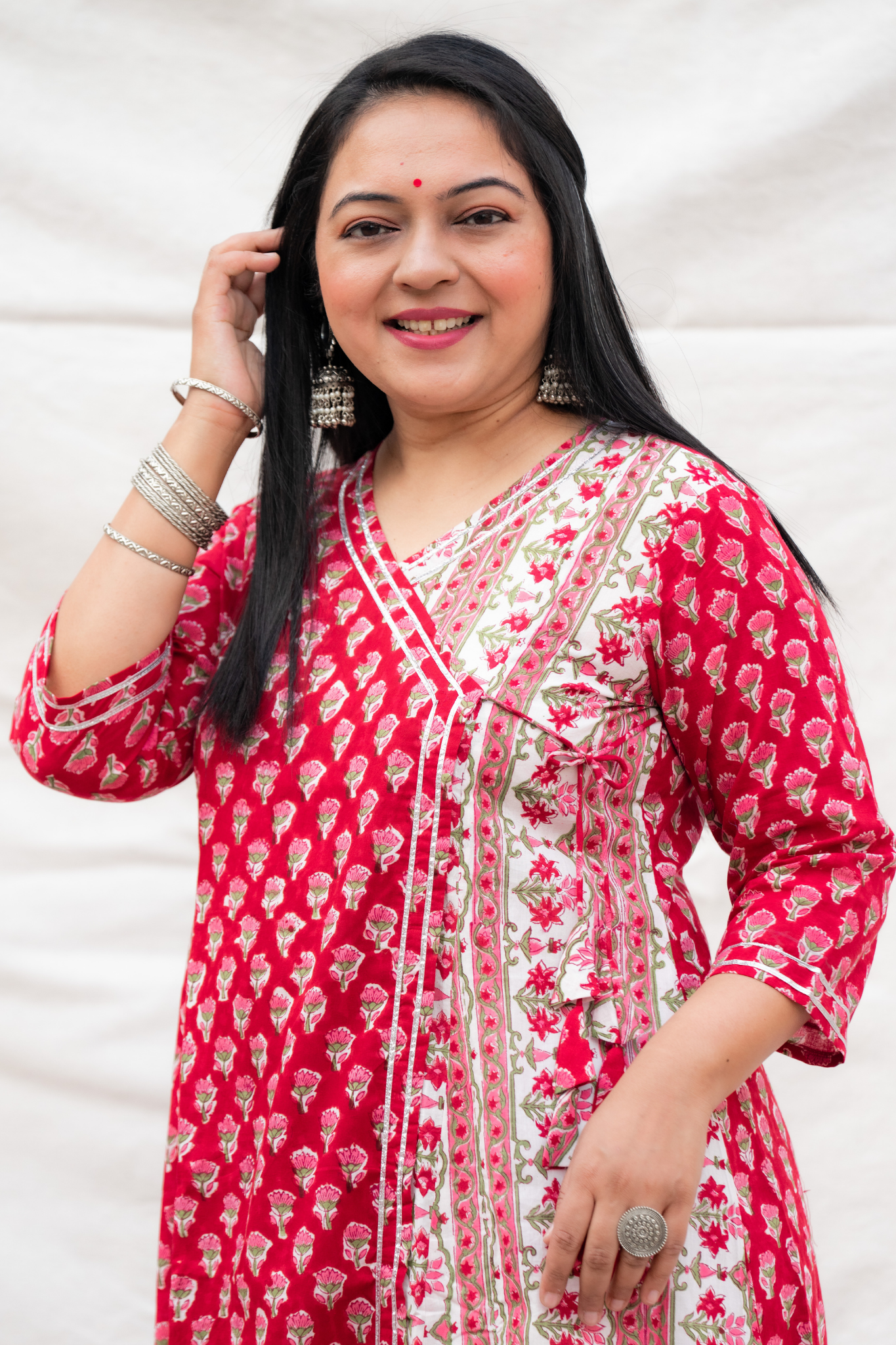 Red Silver gota lace and tasselse Hand block cotton Kurta