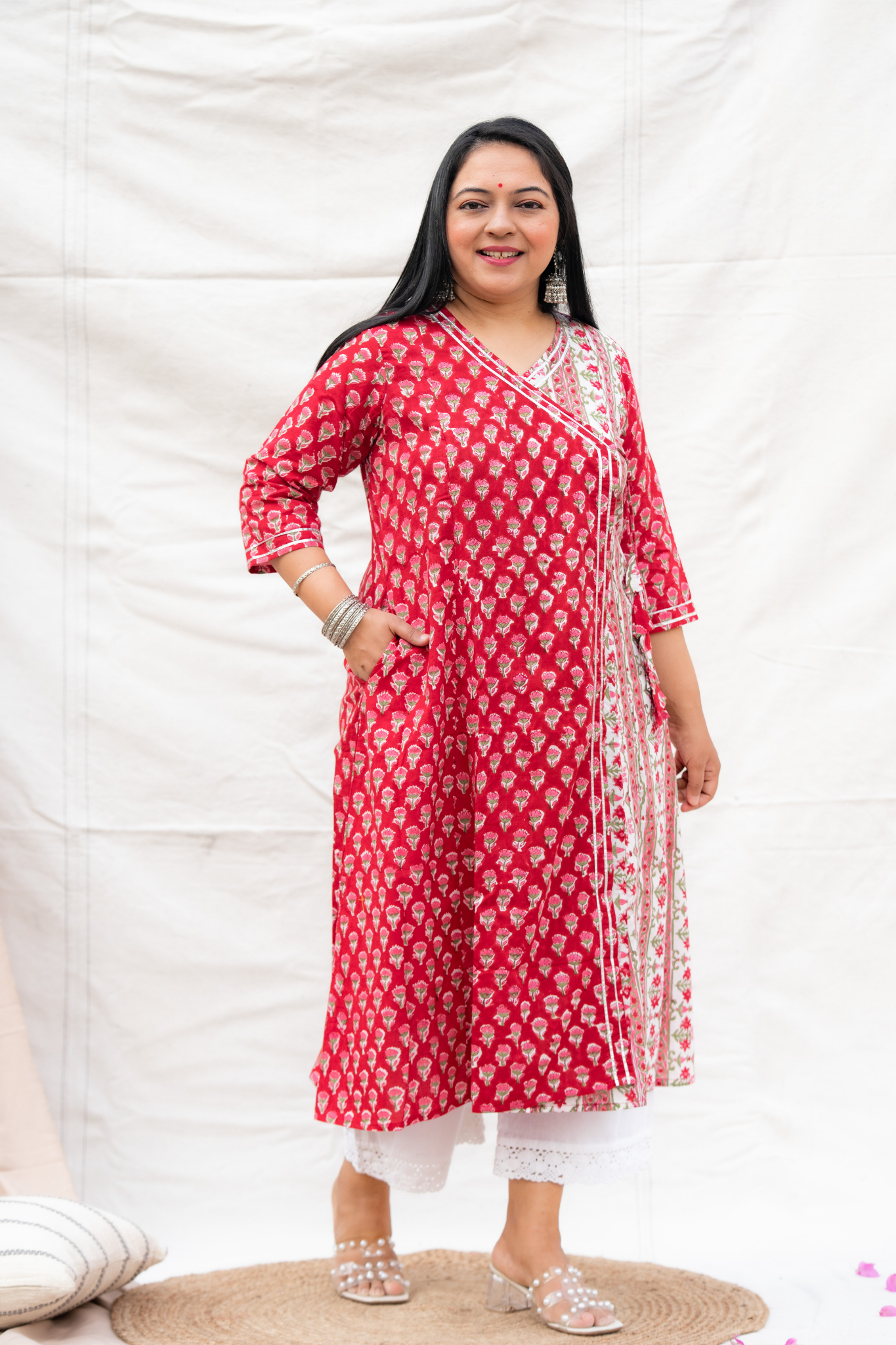 Red Floral Print With Pocket Hand block Cotton Kurta