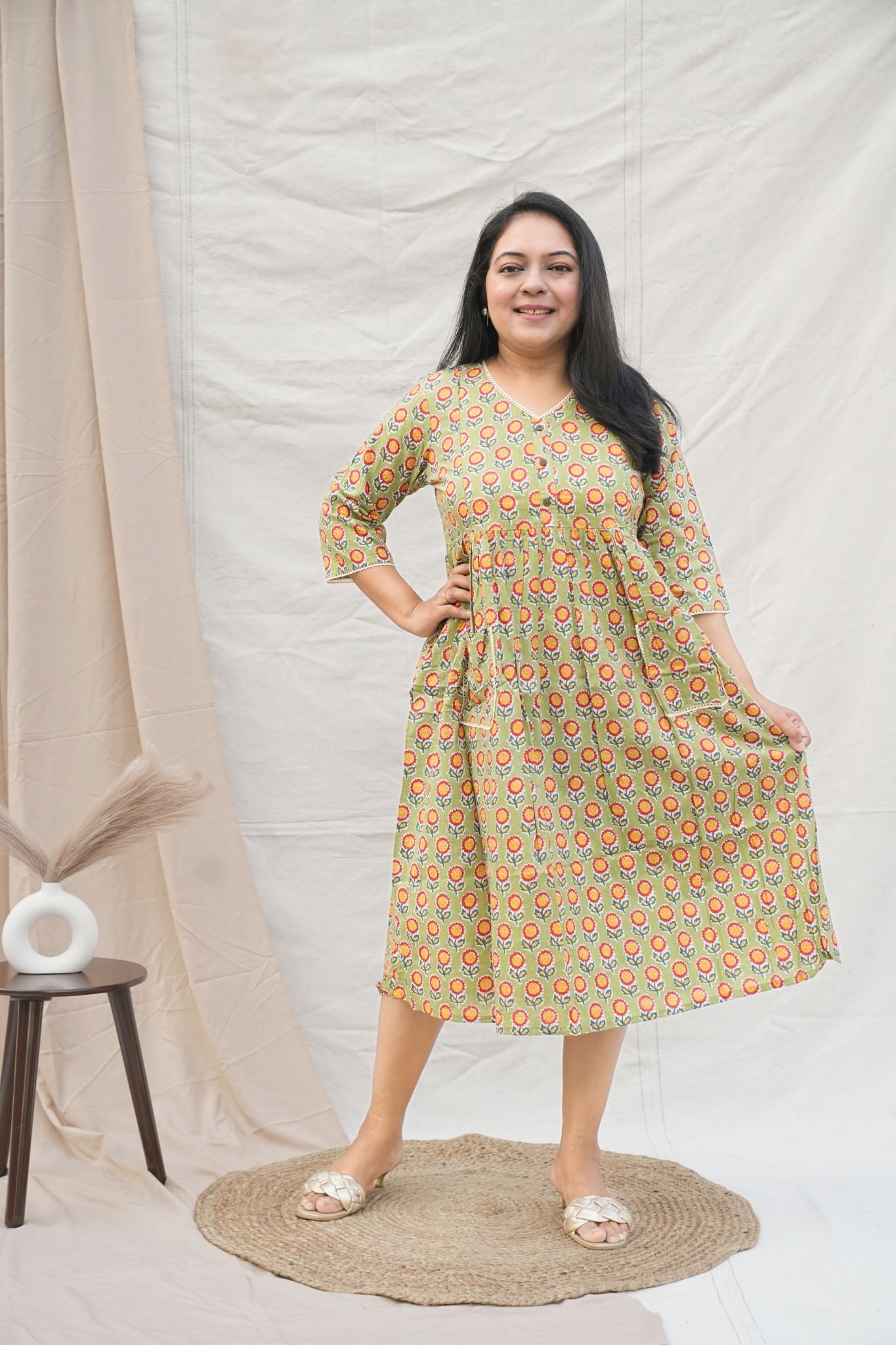 Green Midi Length Maternity Cotton Dress
