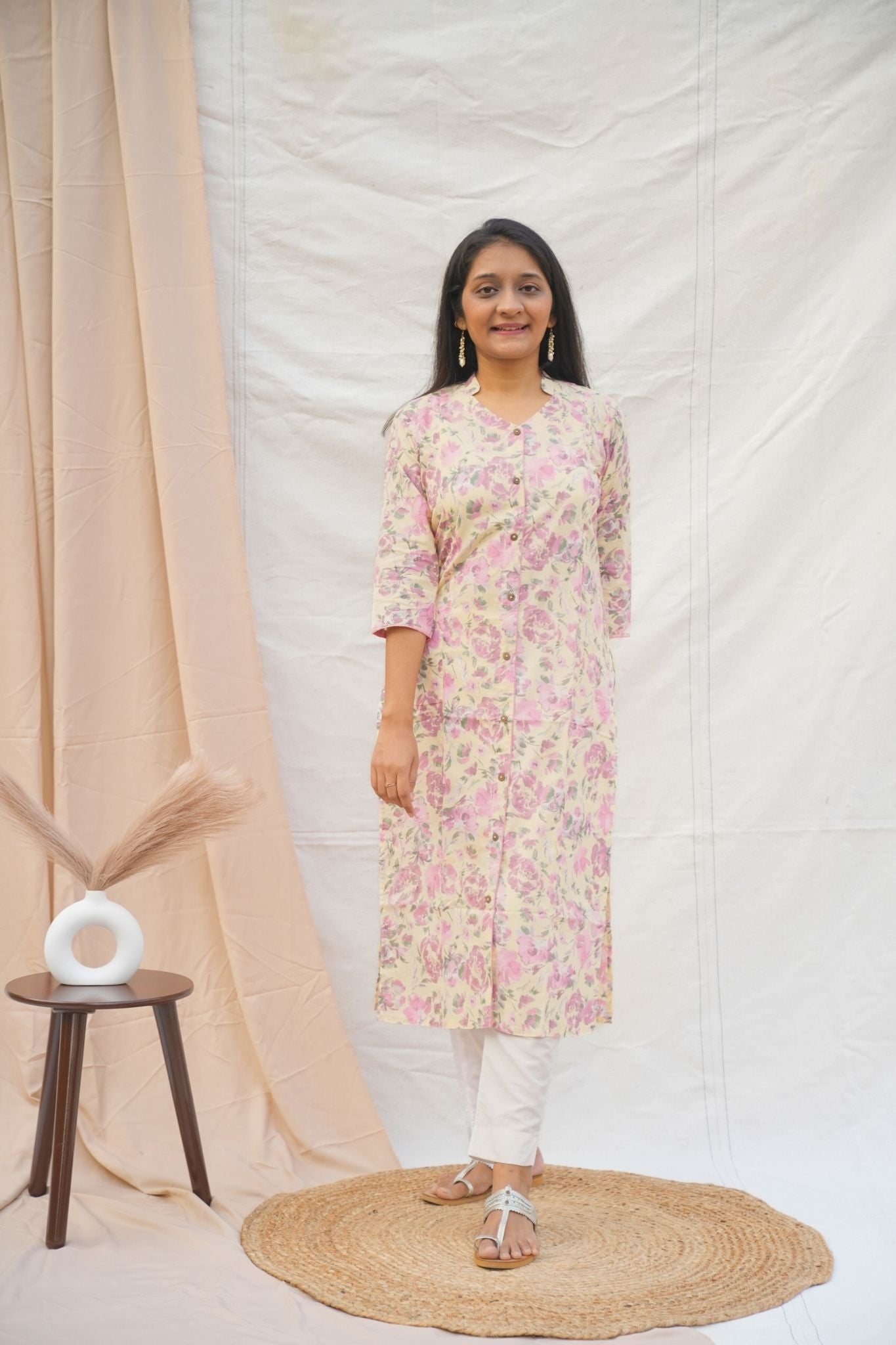Light Yellow Collared V neck Maternity Kurta