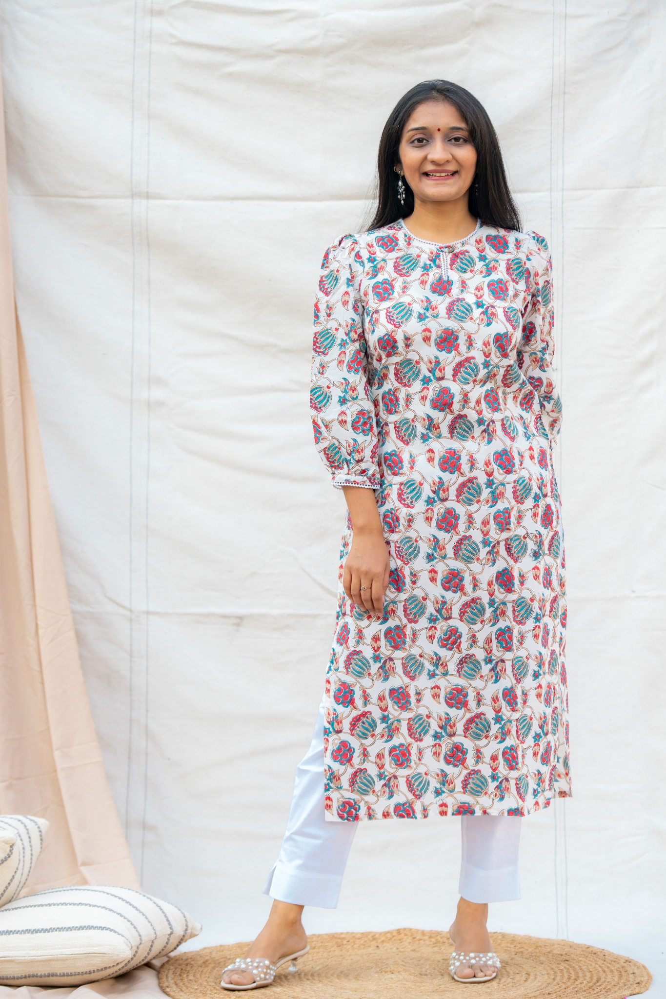 White Round neck with Key hole neck Hand Block Cotton Kurta