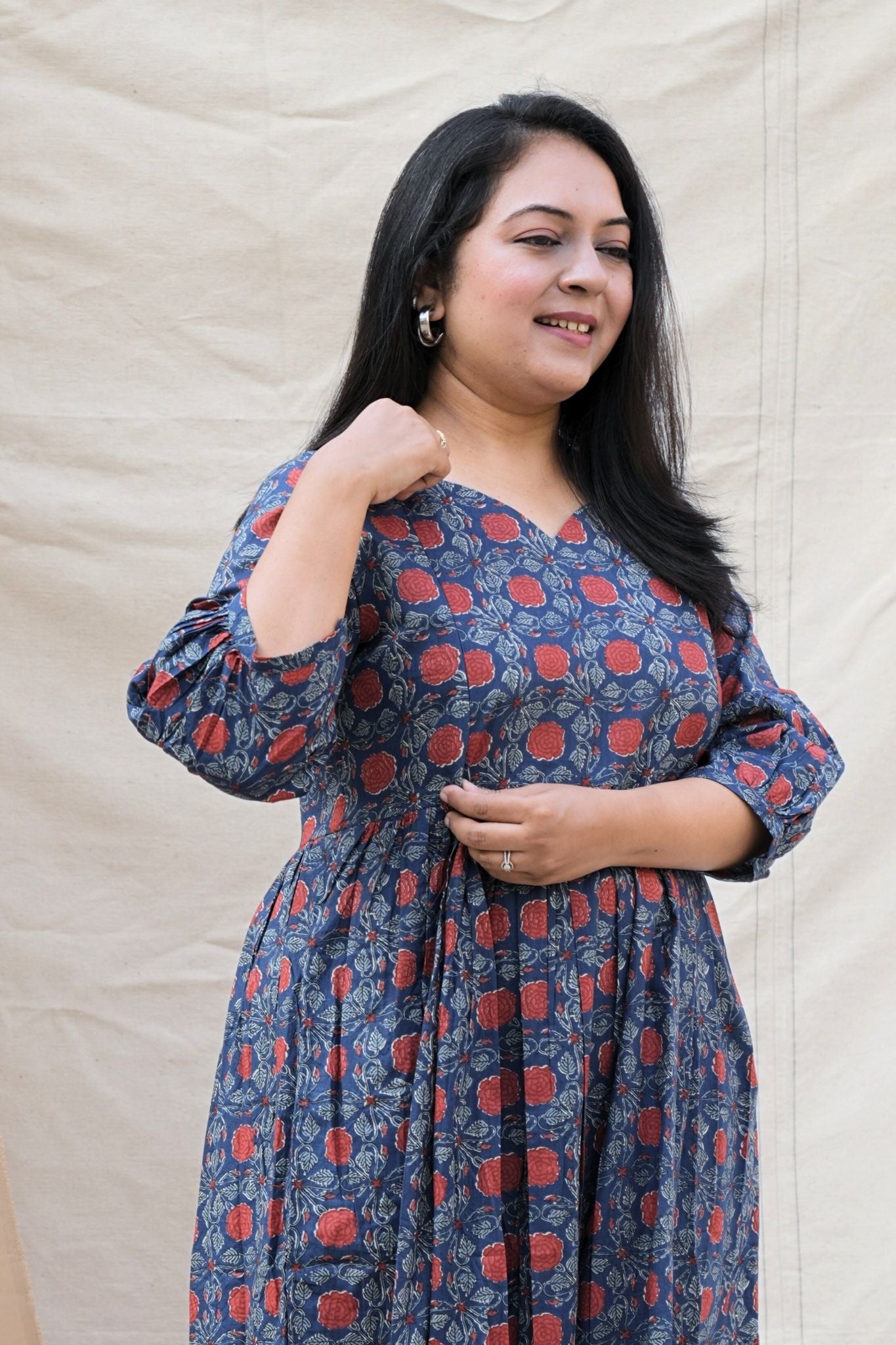 Blue maternity cotton dress with zippers