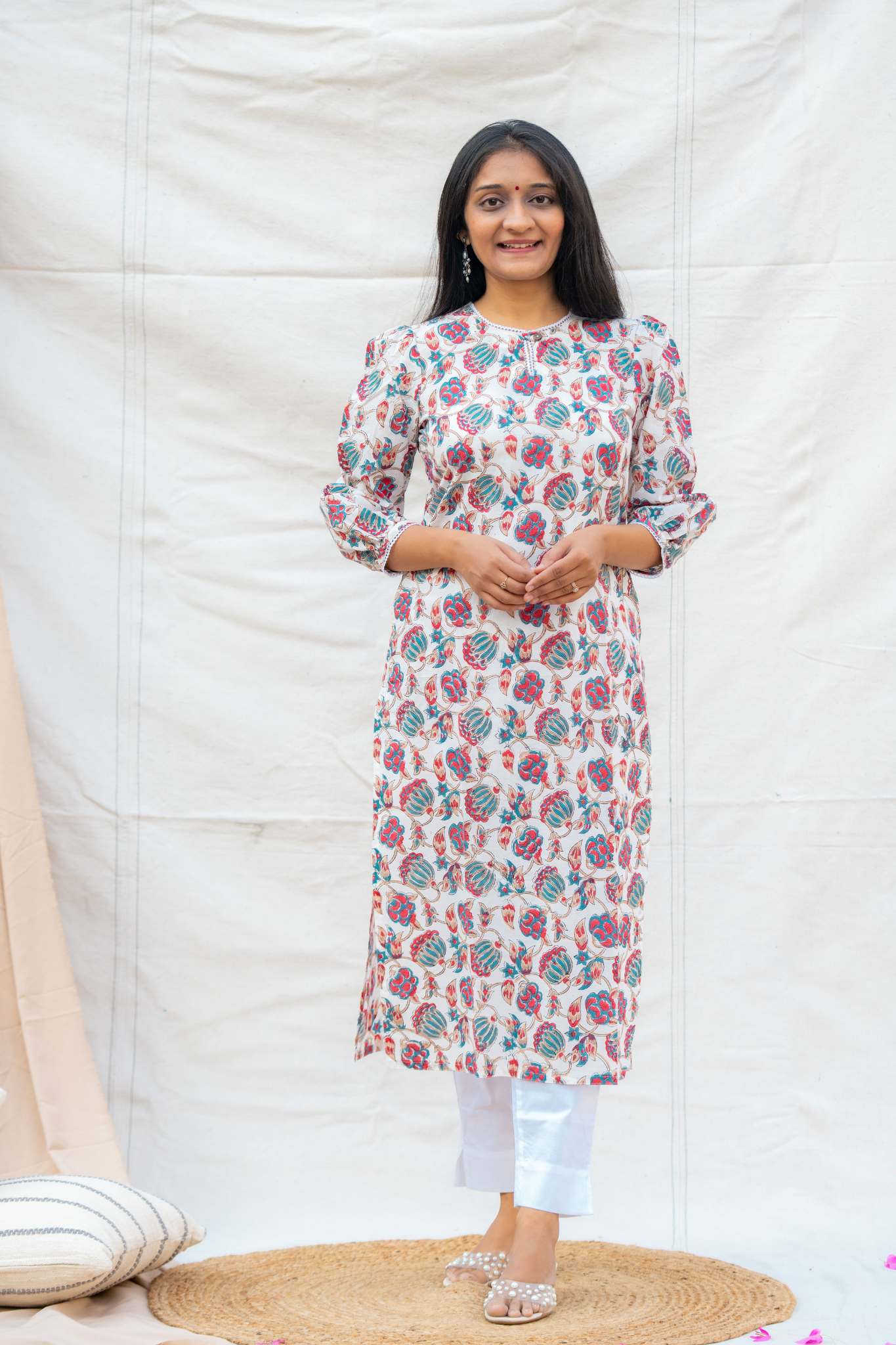 White Floral Straight Cut Cotton Kurta