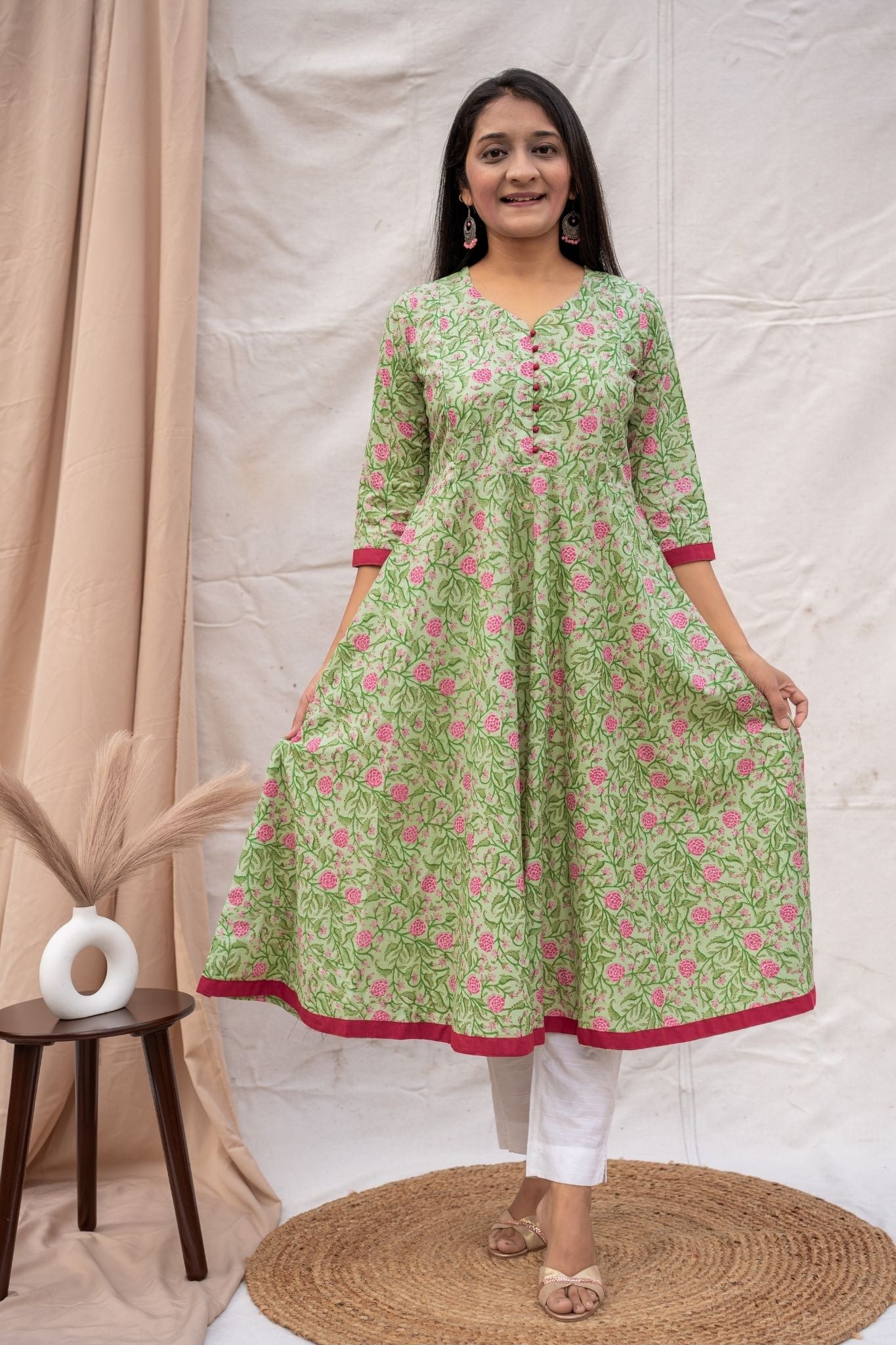 Mint green anarkli nursing & feeding friendly kurta showing Flare