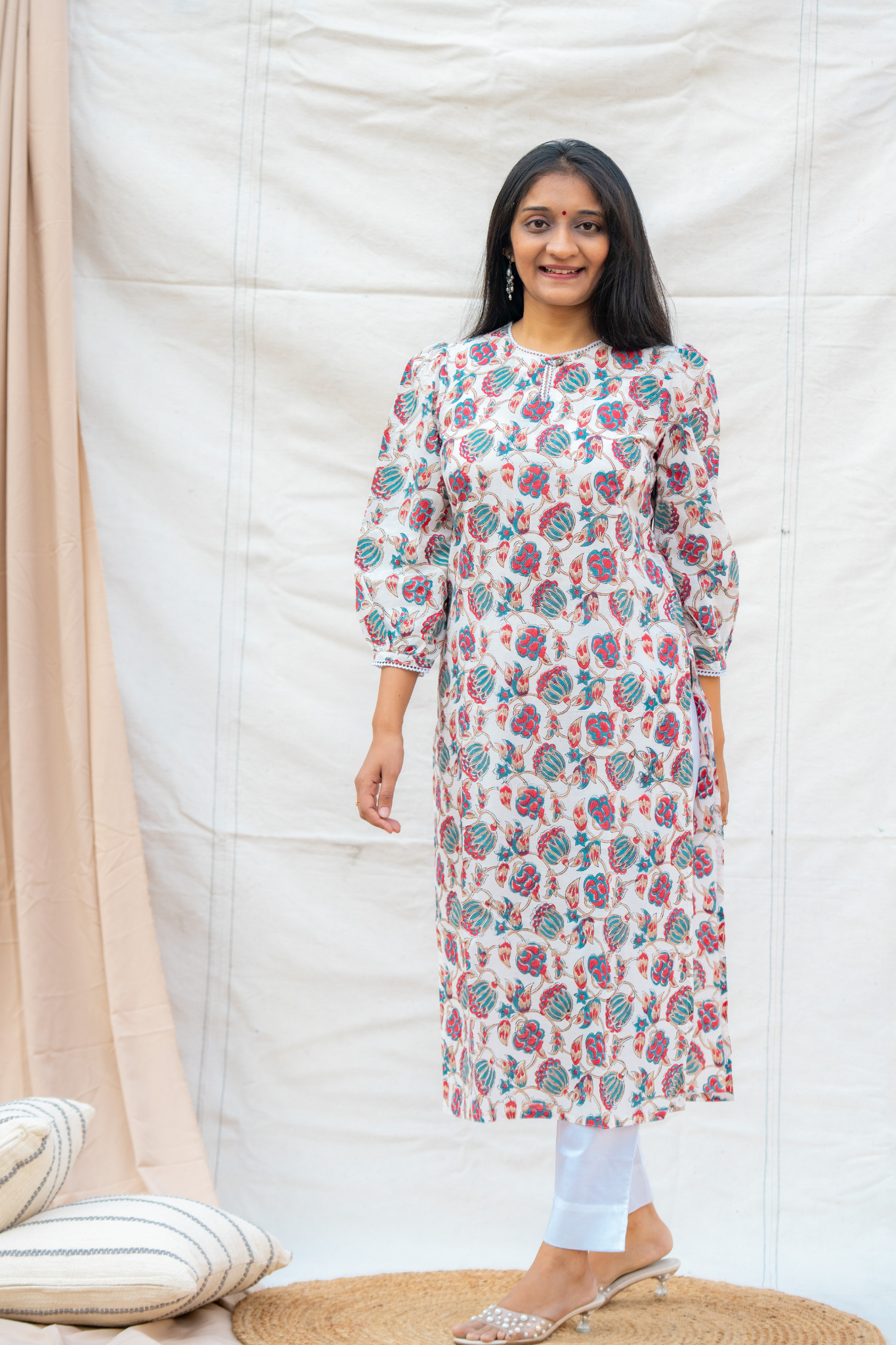 White Straight Cut Hand block Cotton Kurta