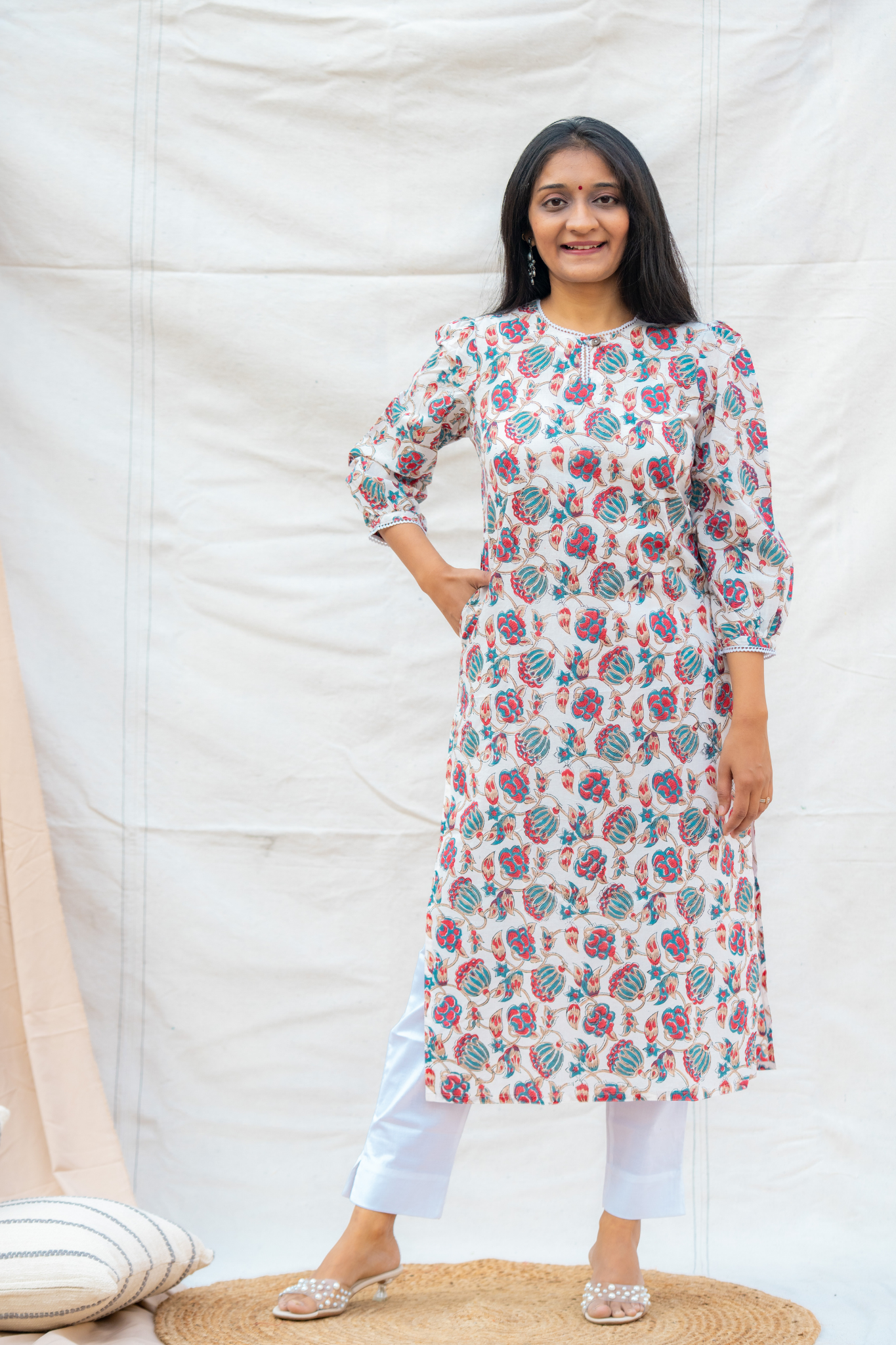 White Crochet lace and Key hole neck hand block Cotton Kurta