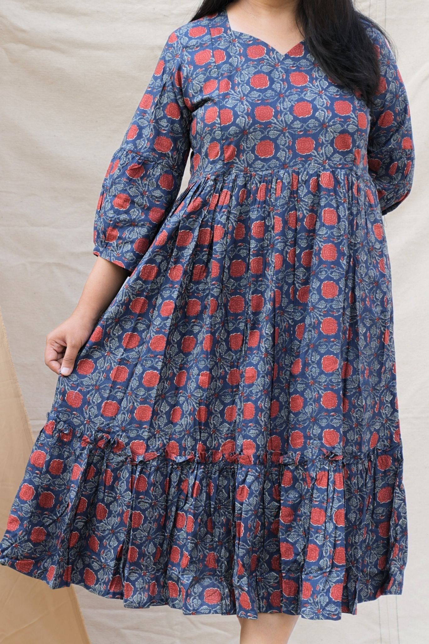 Blue Maternity Cotton Dress with gathers