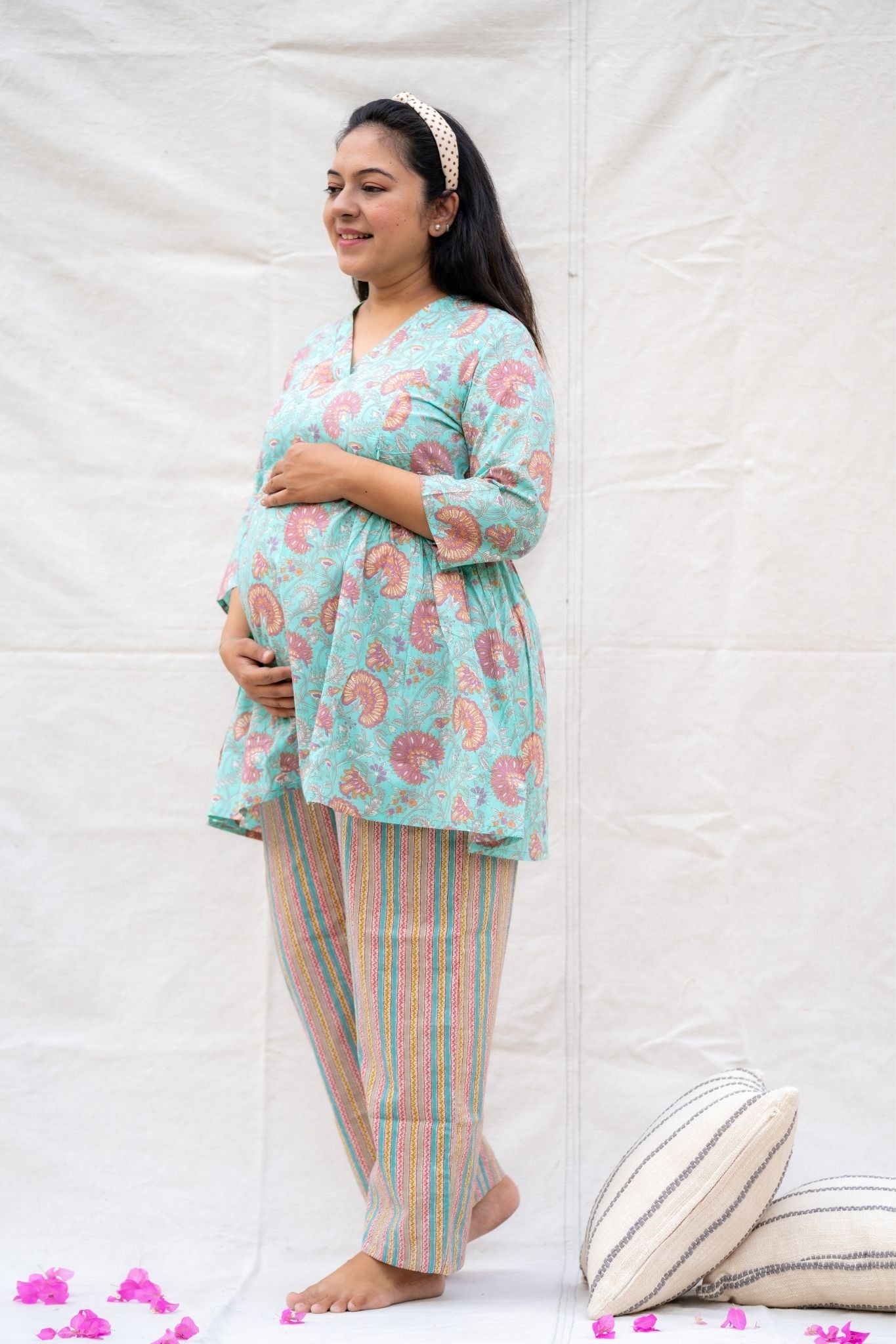Pihu Light Blue Maternity and Nursing Cotton Lounge Wear Set
