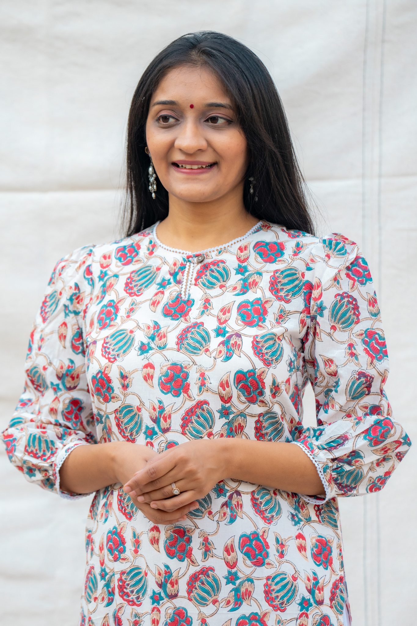 White Puffed sleeves Hand block Cotton Kurta