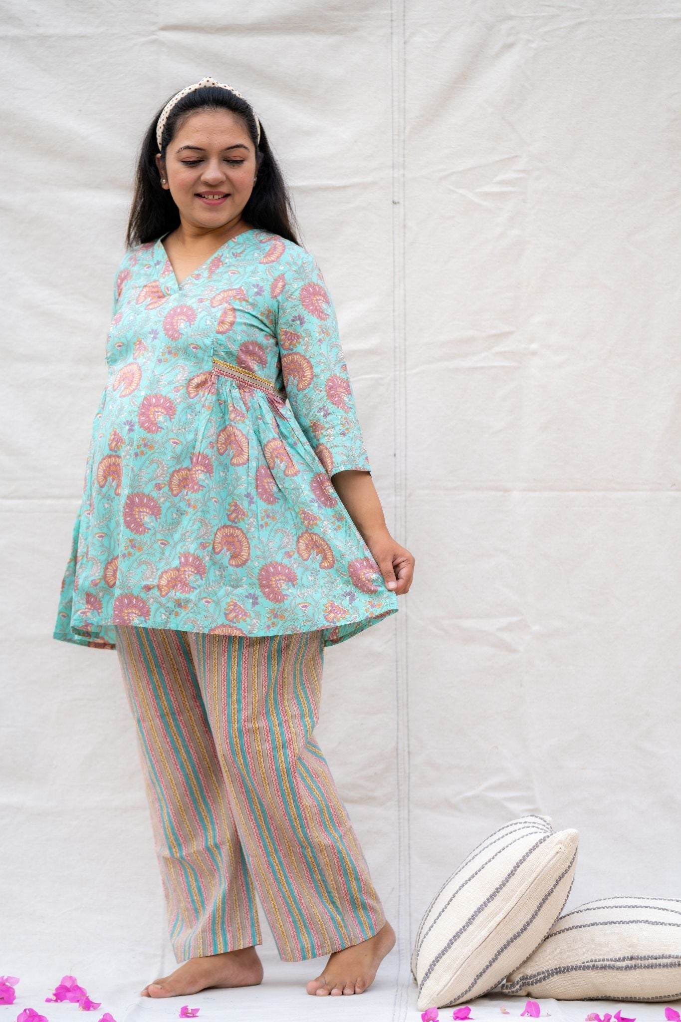 Pihu Light Blue Maternity and Nursing Cotton Lounge Wear Set