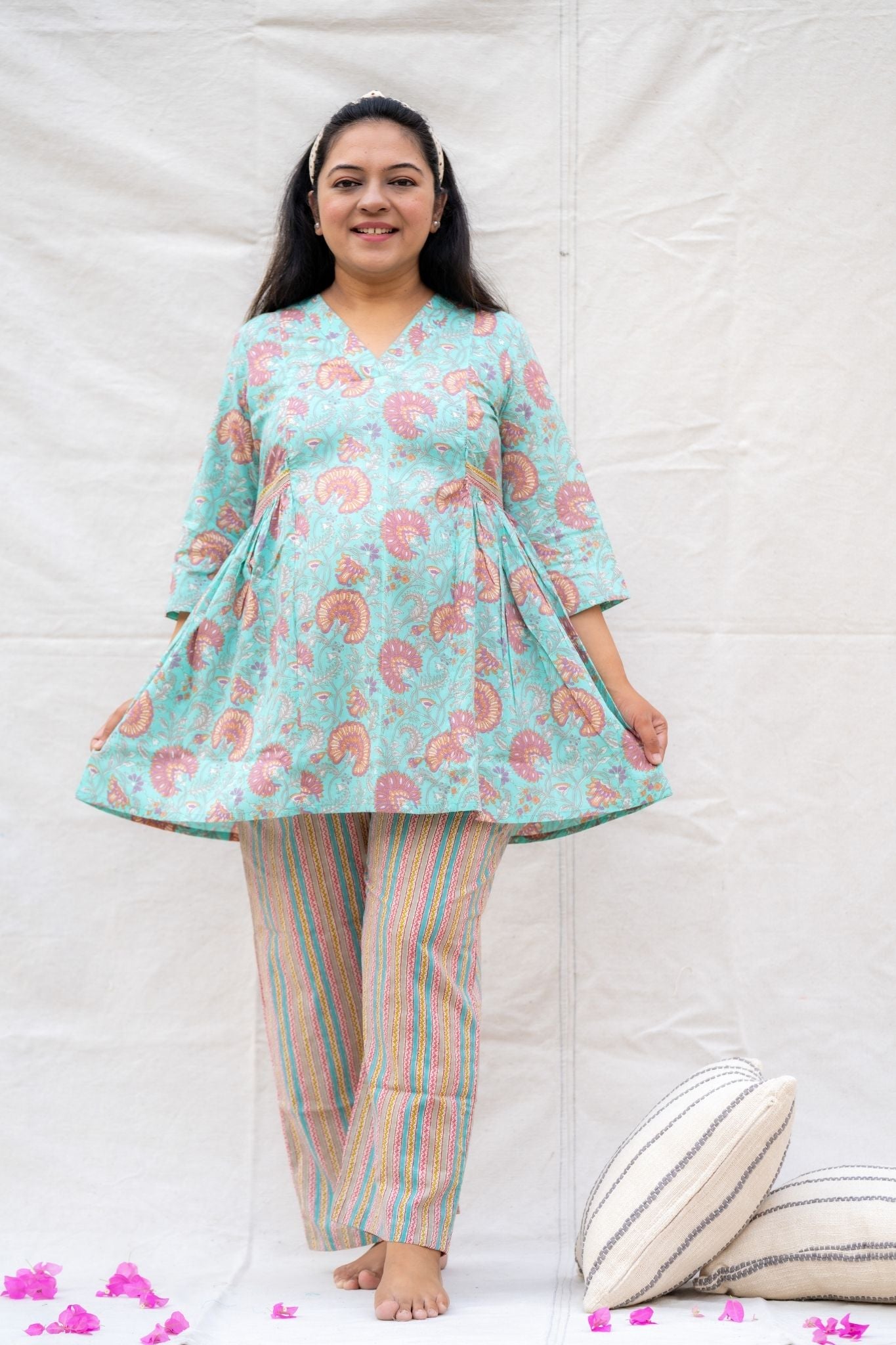 Pihu Light Blue Maternity and Nursing Cotton Lounge Wear Set