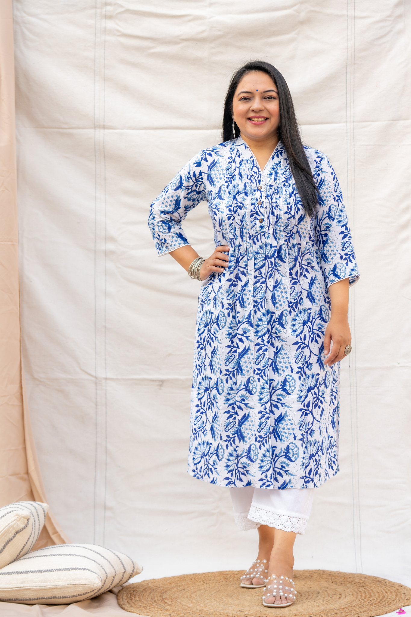 White Floral Print Hand block Cotton Kurta