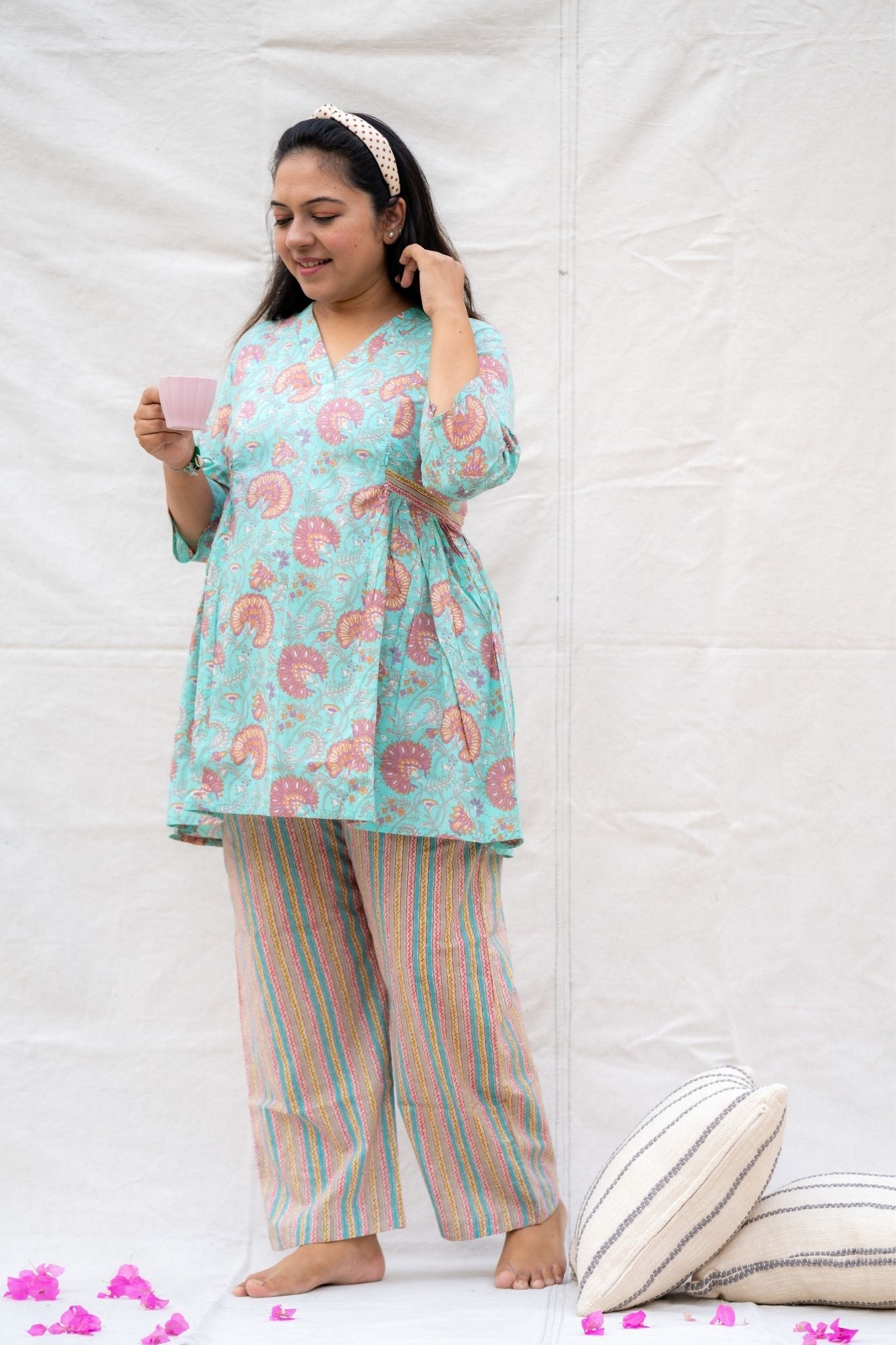 Pihu Light Blue Maternity and Nursing Cotton Lounge Wear Set