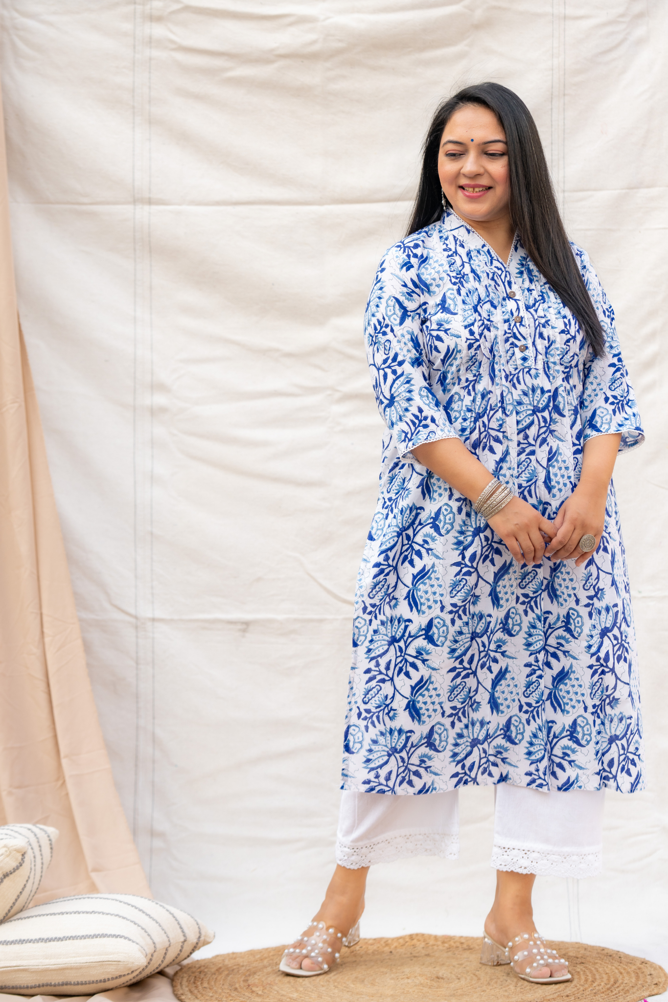 White Straight Cut Hand block Cotton Kurta