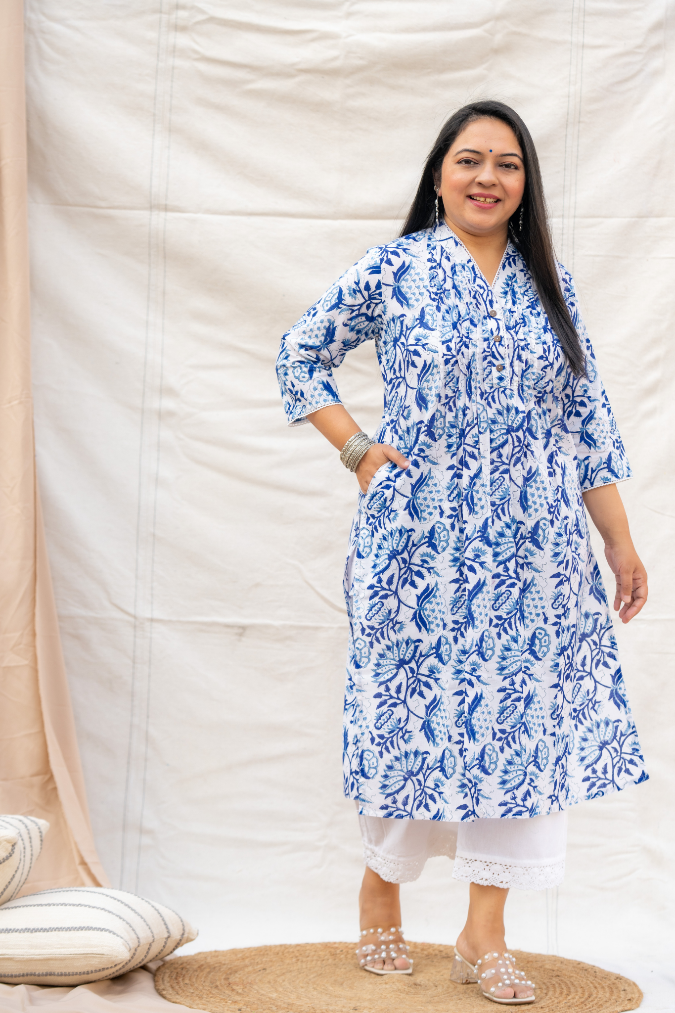 White Pintucks and Pocket Hand block Cotton Kurta