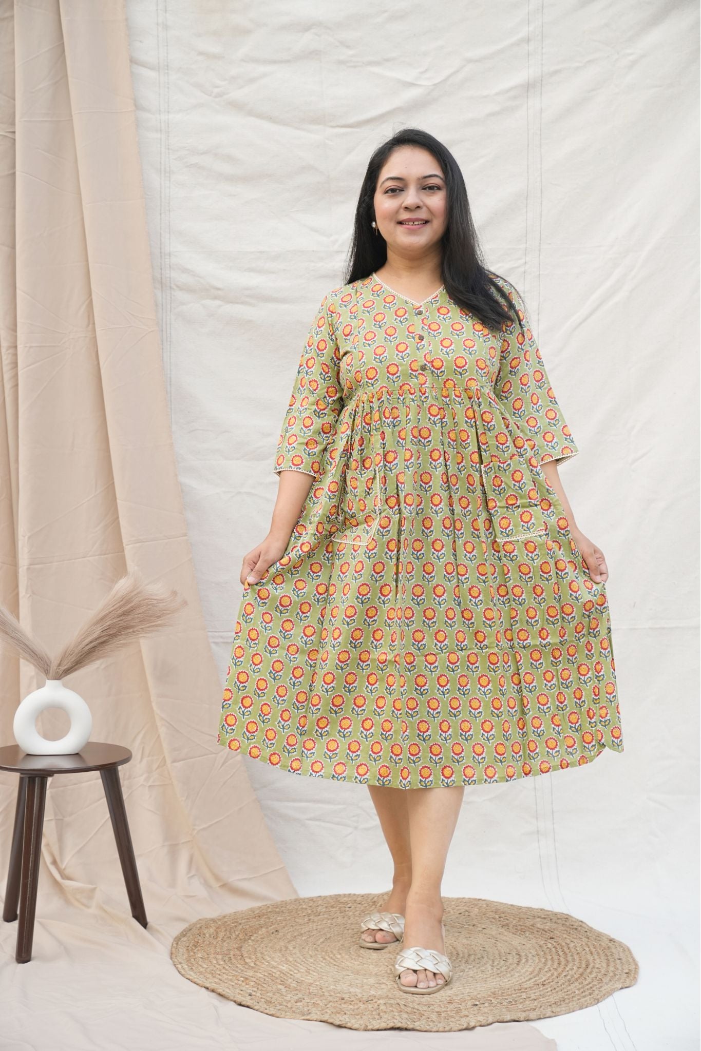 Green Floral Print Maternity Cotton Dress