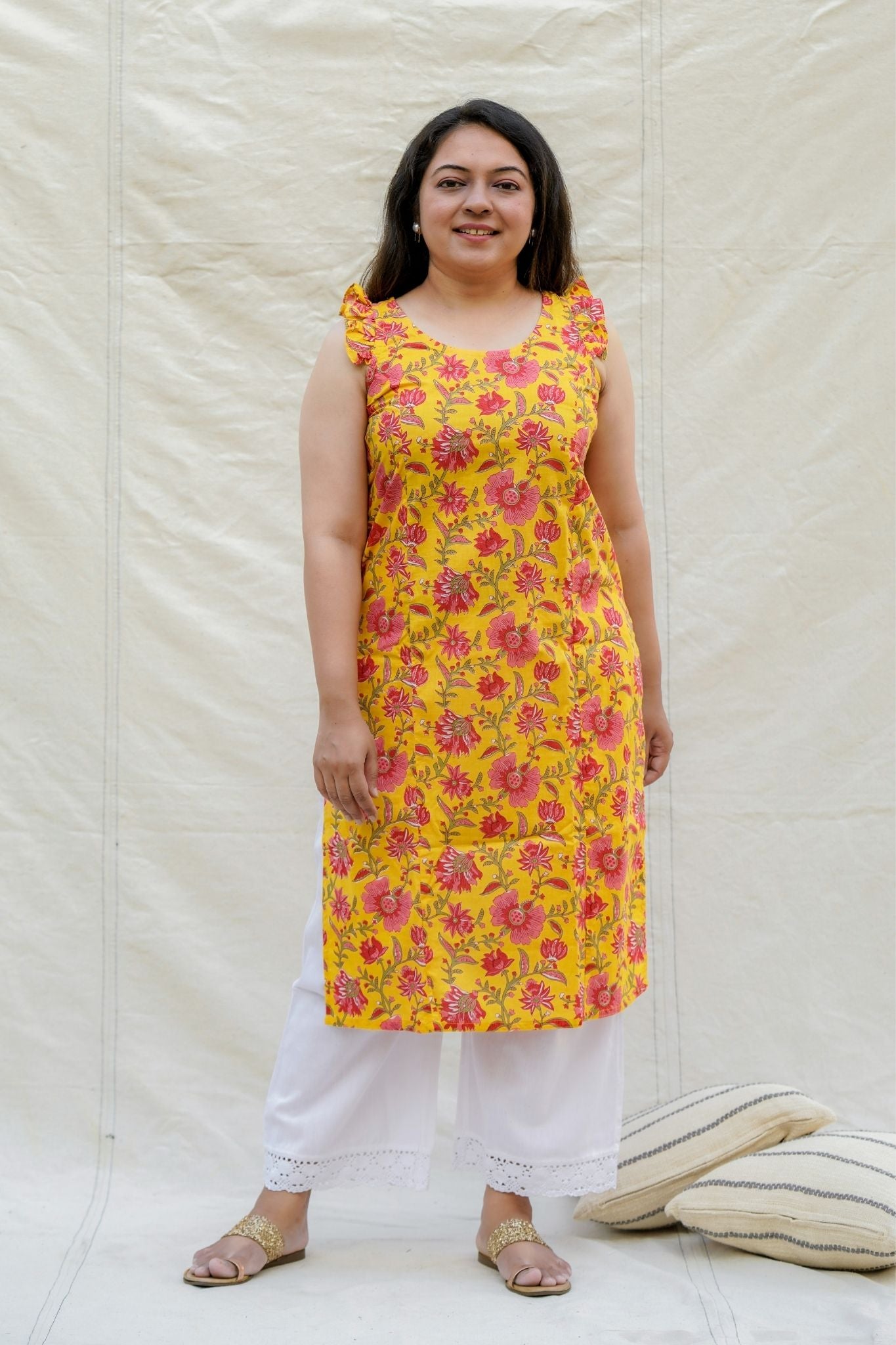 Qwirkle Yellow Floral Spaghetti Straight Sleeveless Cotton Kurta