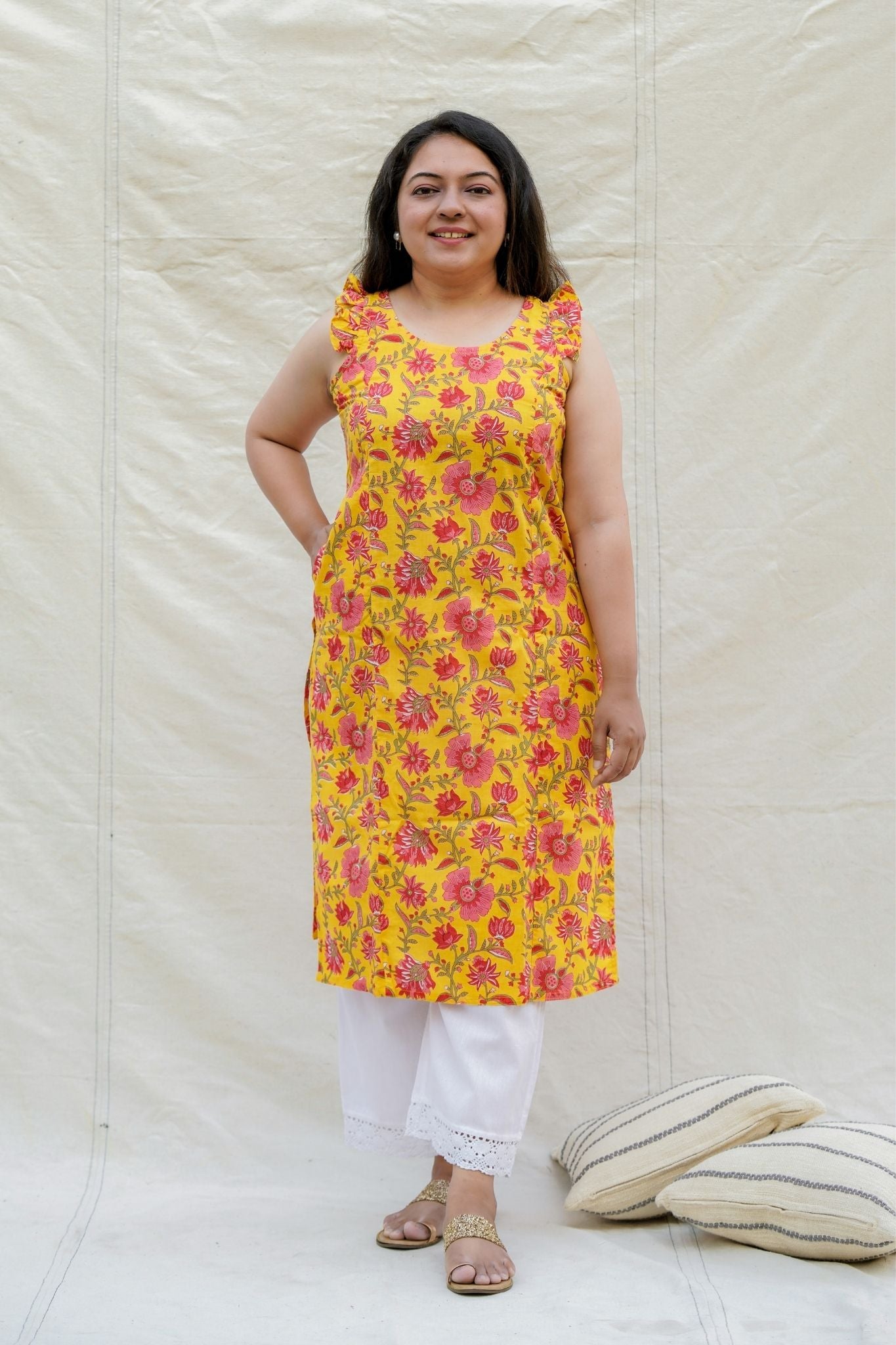 Qwirkle Yellow Floral Spaghetti Straight Sleeveless Cotton Kurta