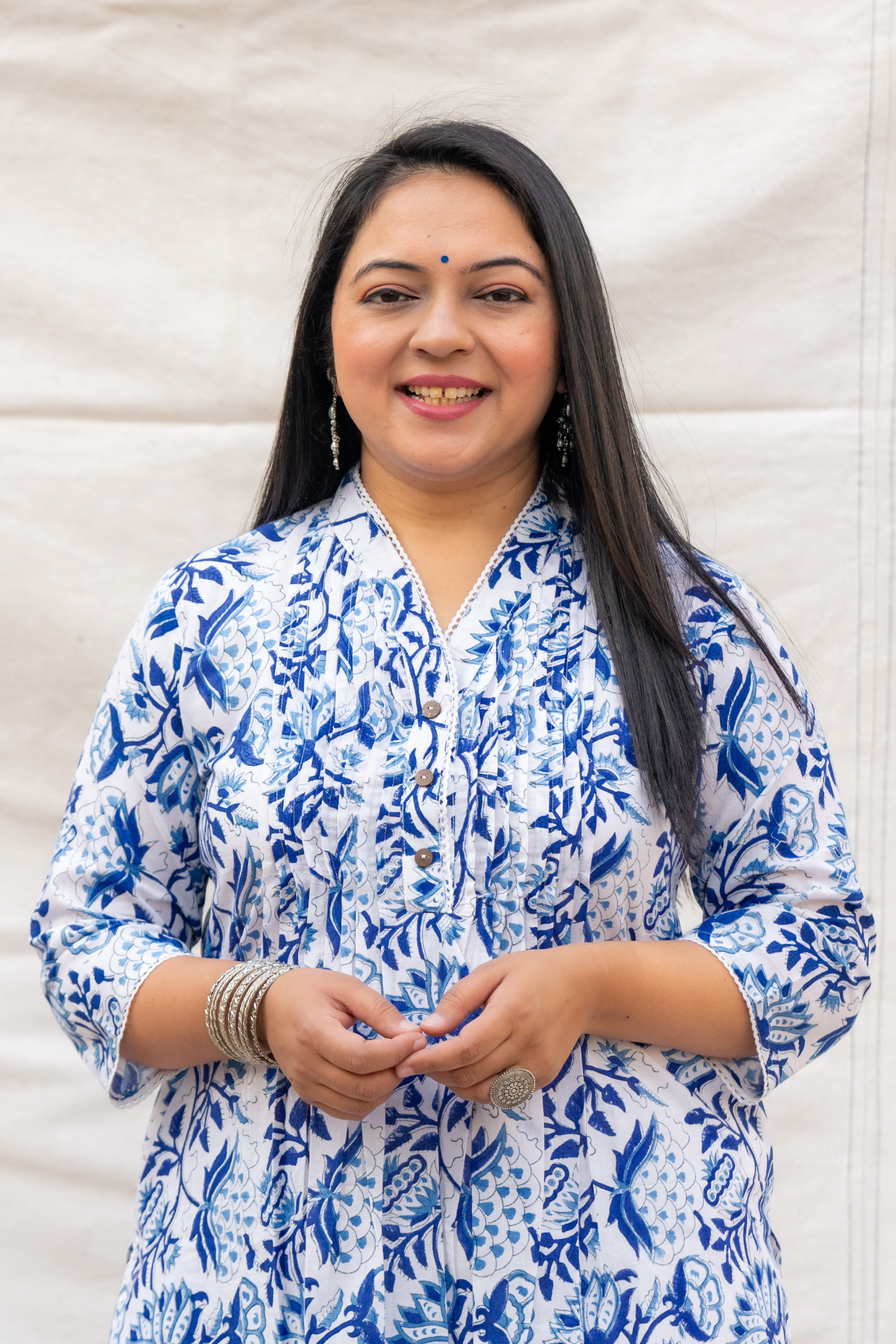 White Wood Button and Crochet lace Hand block Cotton Kurta