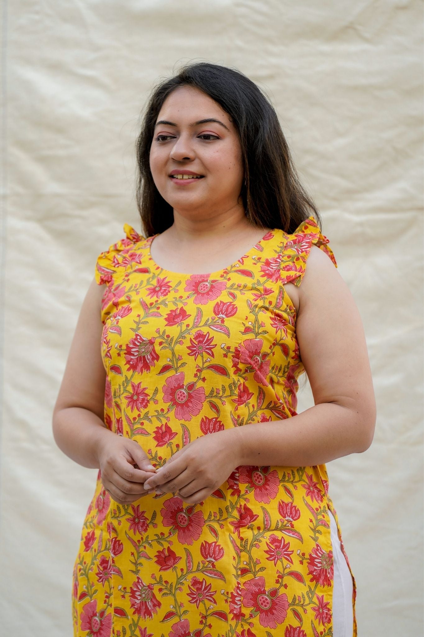 Qwirkle Yellow Floral Spaghetti Straight Sleeveless Cotton Kurta