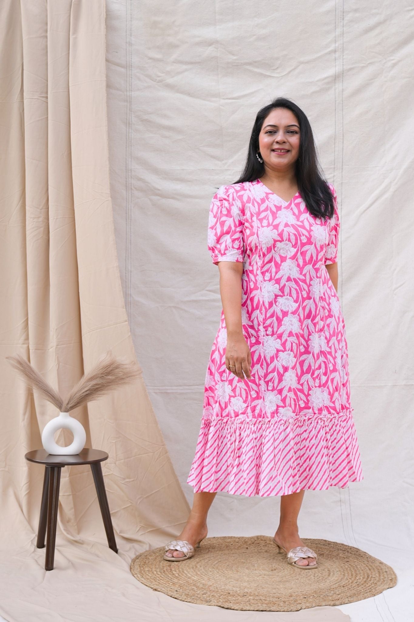 Pink Maternity Dress With Puff Sleeves