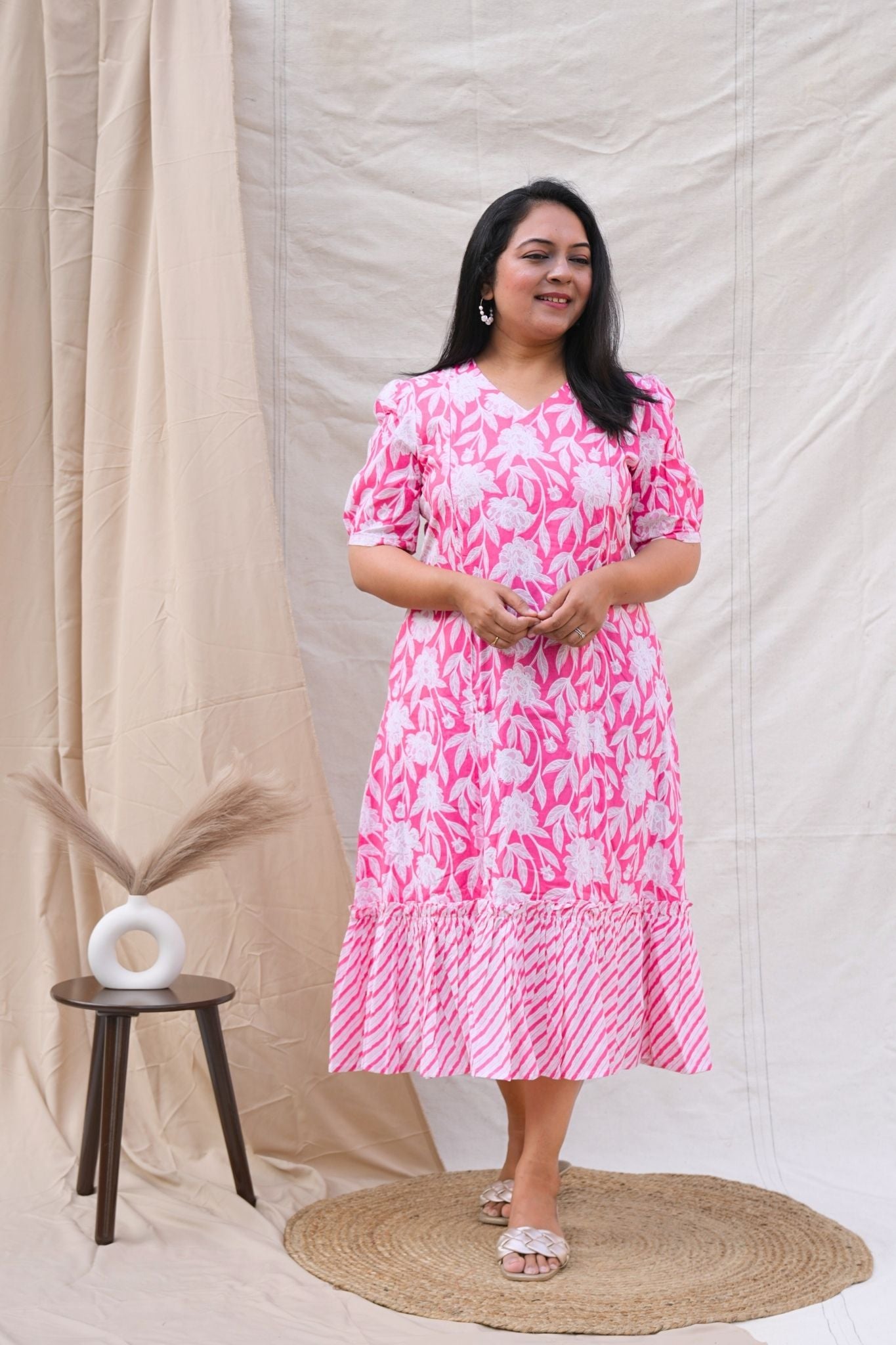 Pink Floral Print Dress With Gedars
