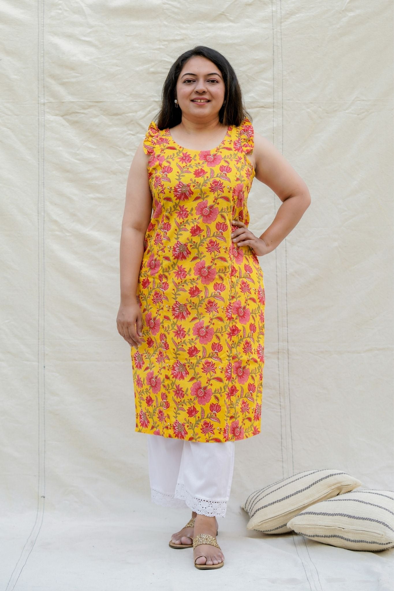 Qwirkle Yellow Floral Spaghetti Straight Sleeveless Cotton Kurta