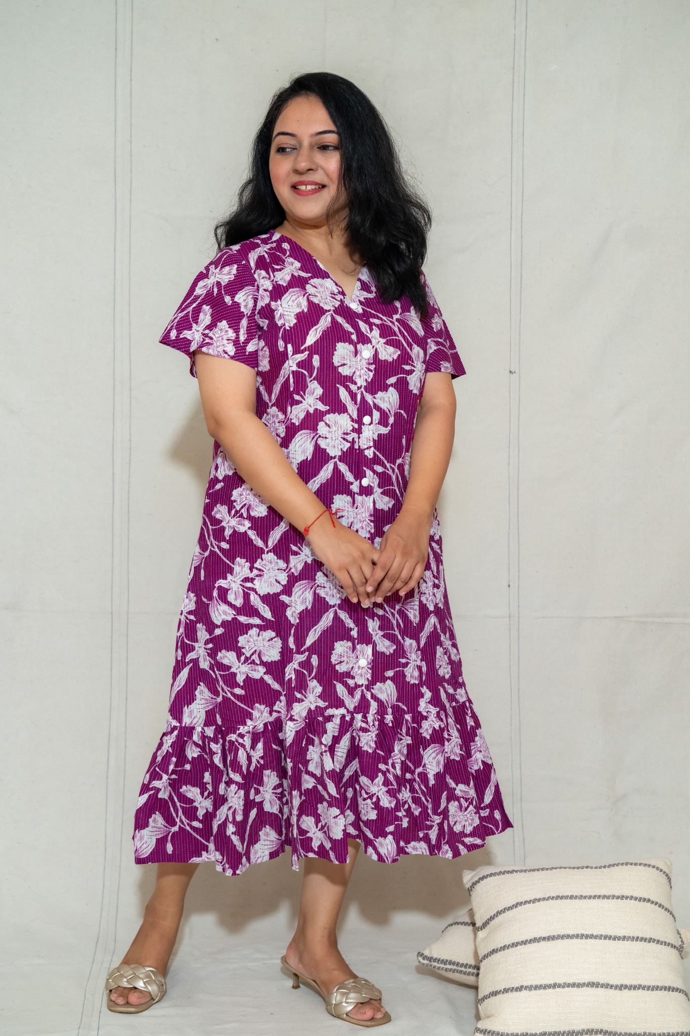 Magenta Midi Length Dress With Floral Print Dress