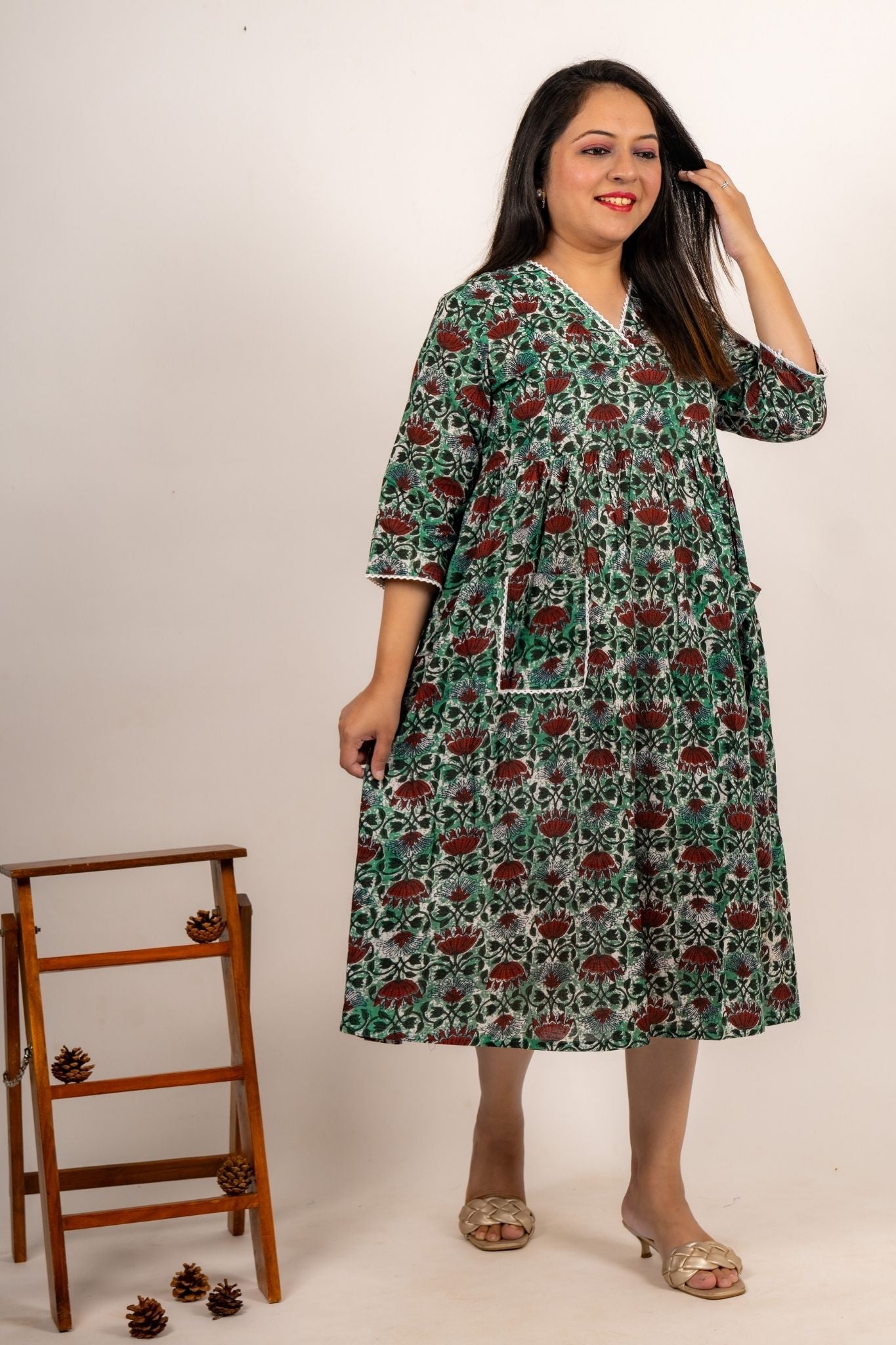 Green Overlapping neck Maternity Dress