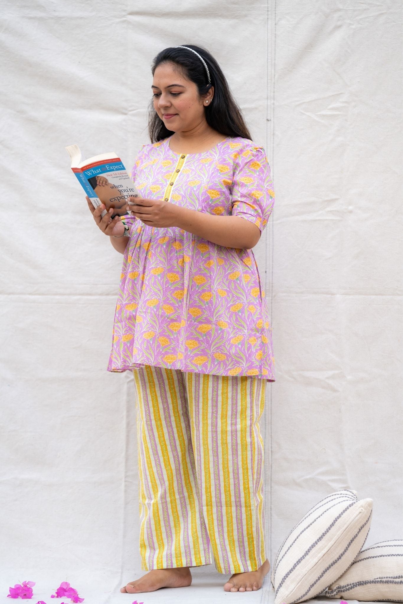 Titli Light Purple Maternity and Nursing Cotton Lounge Wear Set