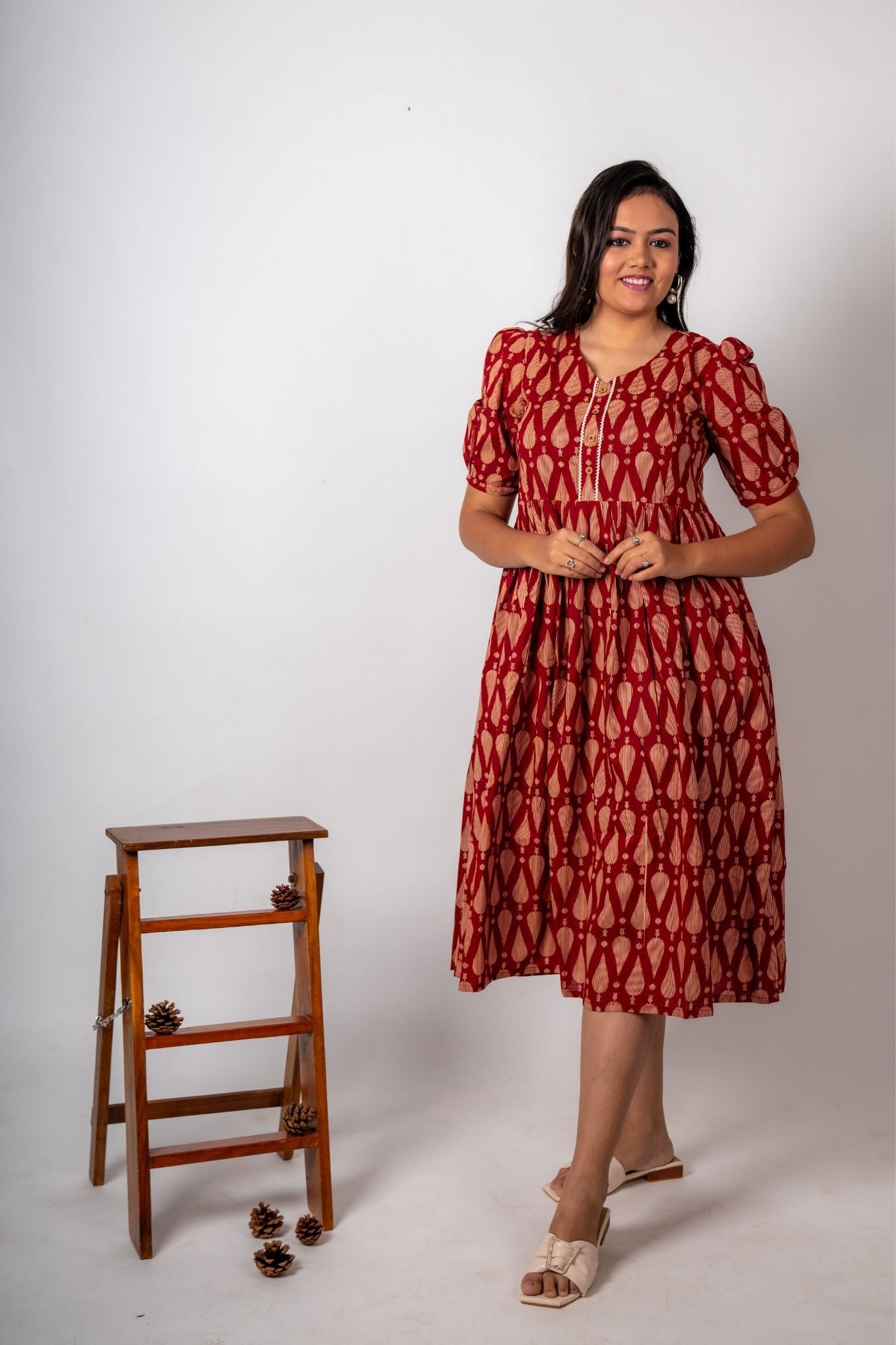 Brick Red Floral Print and Midi Length Dress