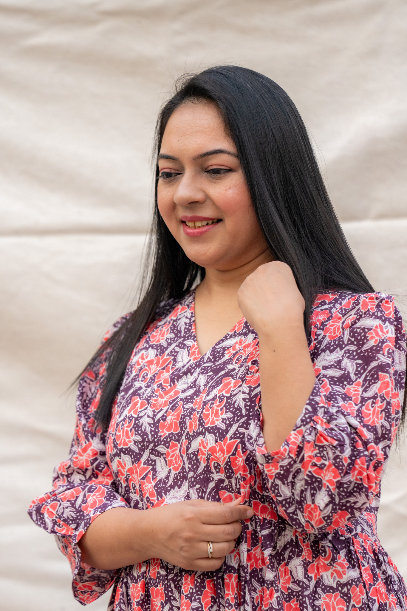 Purple Maternity Dress showing Zippers