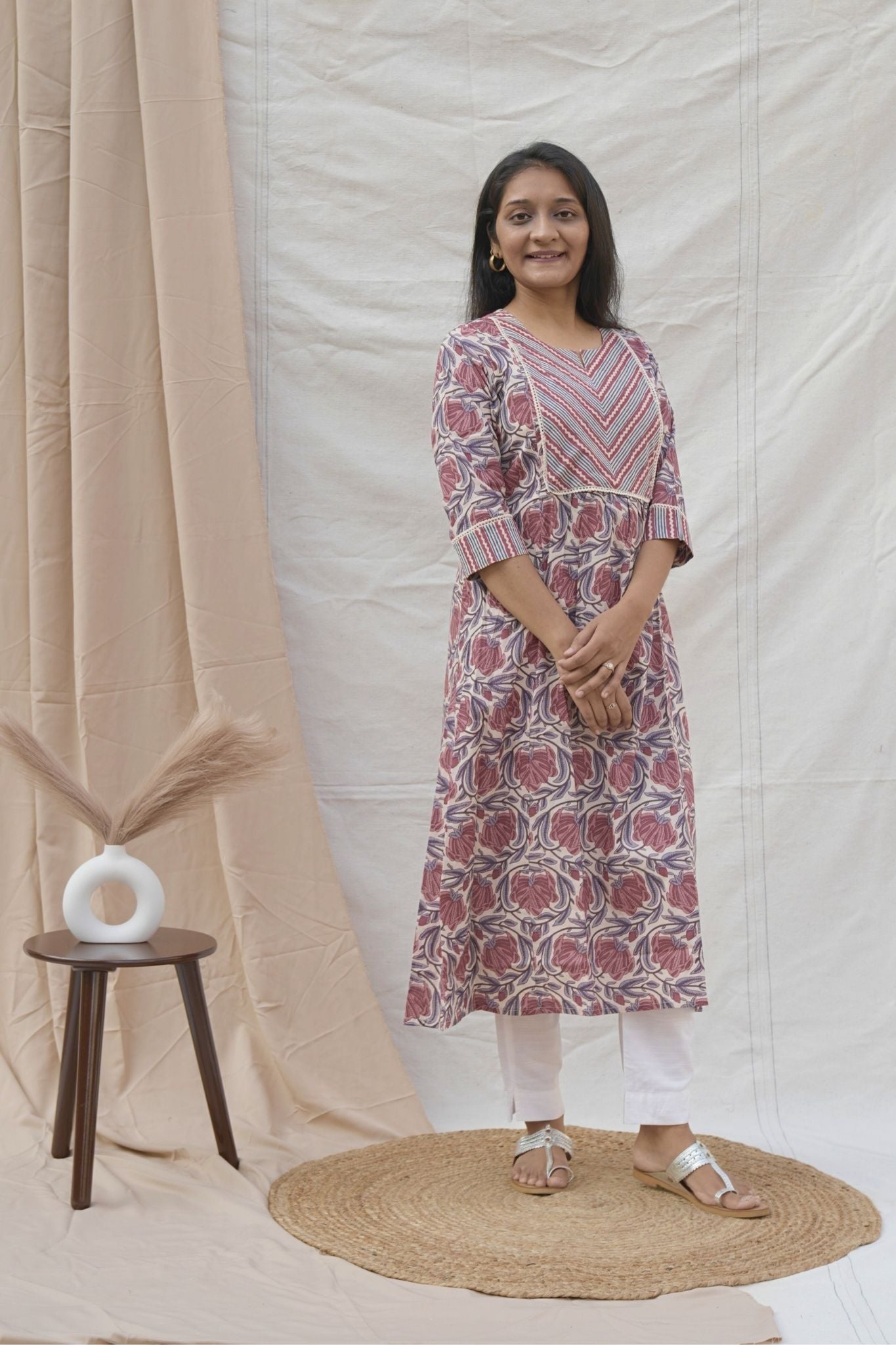 Brown Round neck Maternity Cotton Kurta