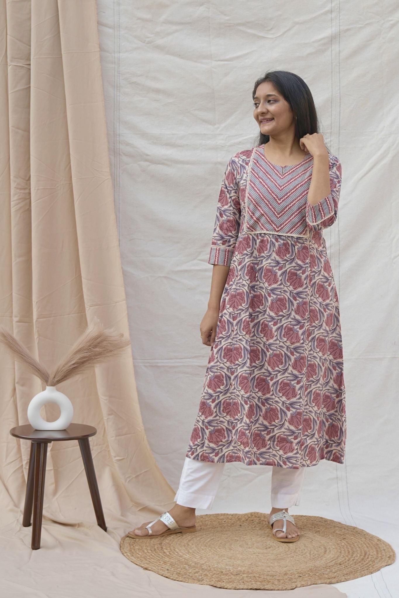 Brown Floral Print Maternity Cotton Kurta