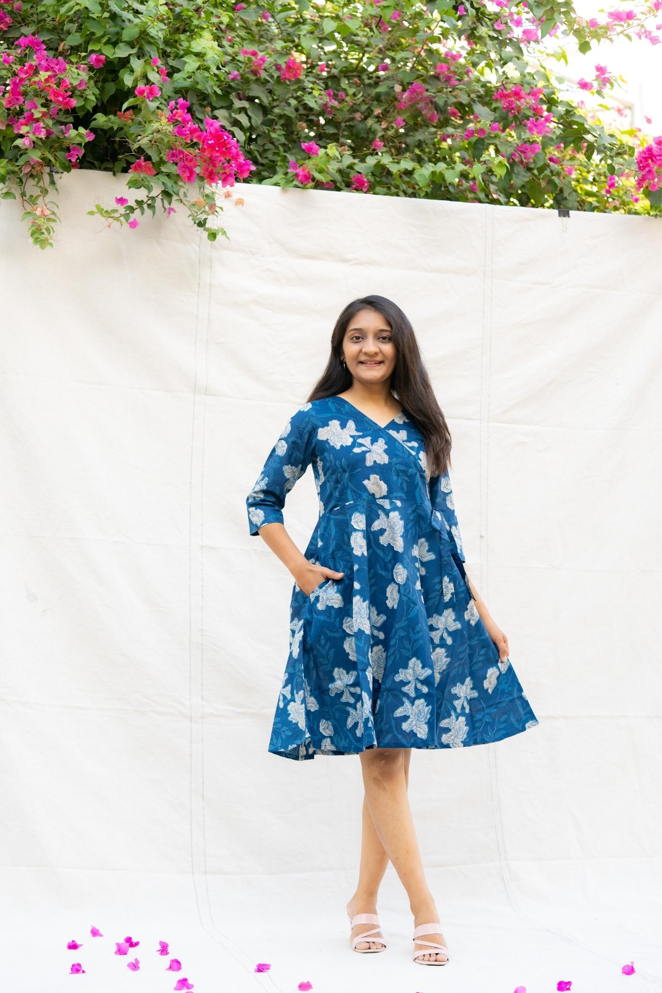 Iktara Blue Floral Cotton Knee length Dress