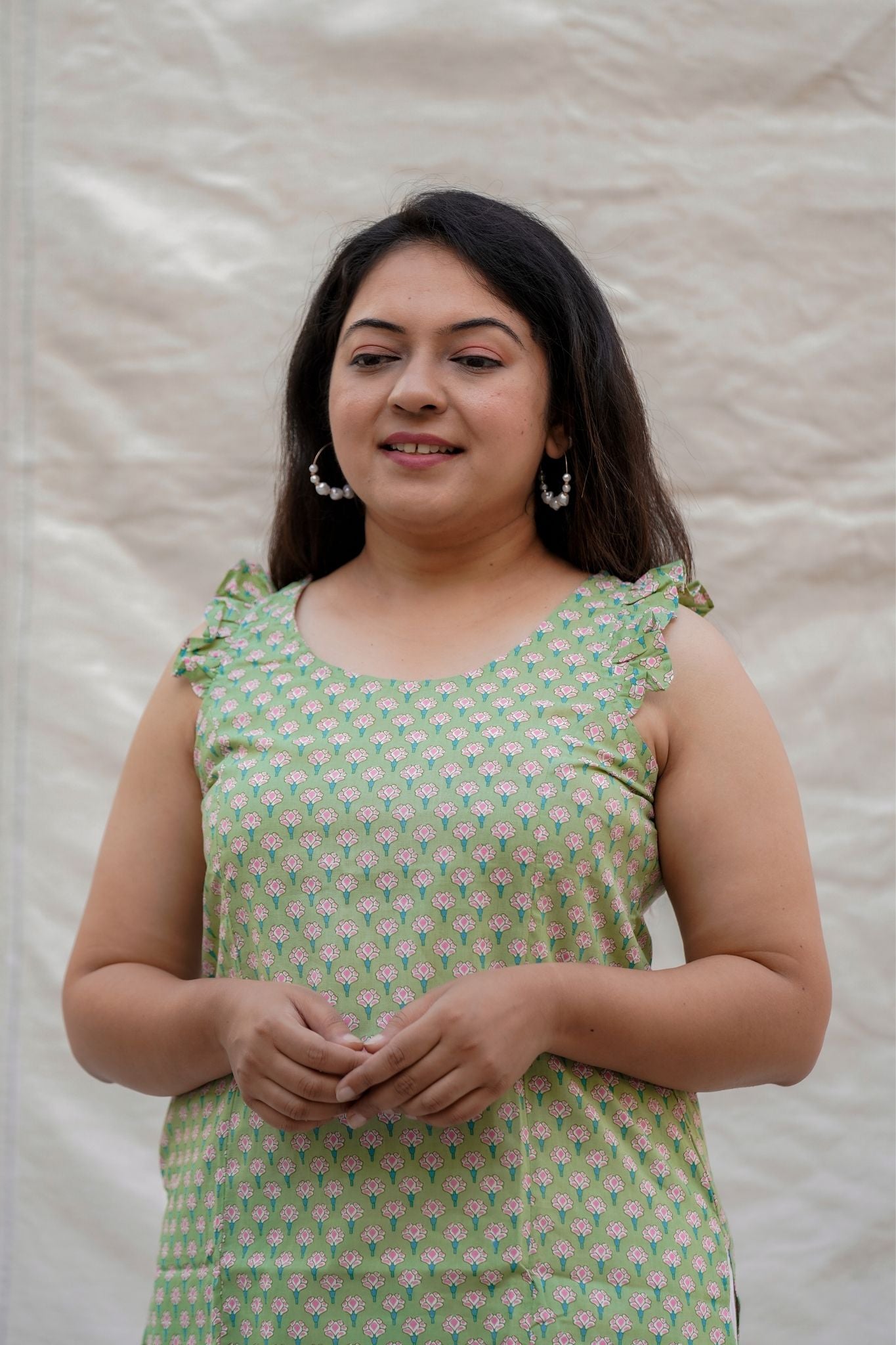 Sequence Green Floral Sleeveless Cotton Kurta