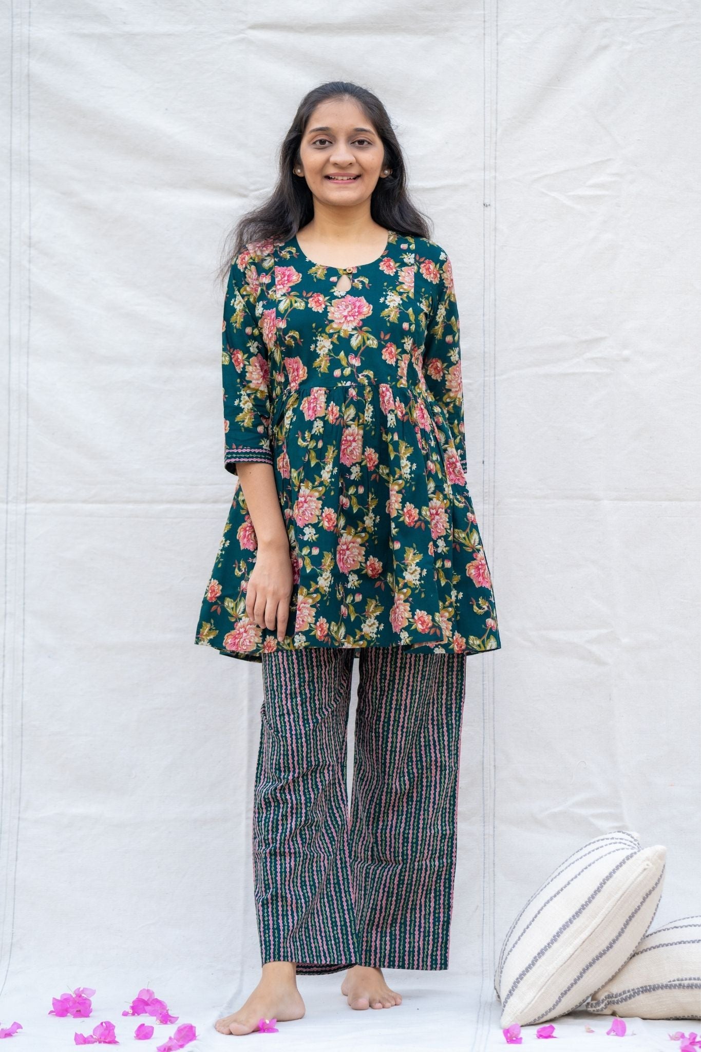 Meher Dark Green Maternity and Nursing Cotton Lounge Wear Set