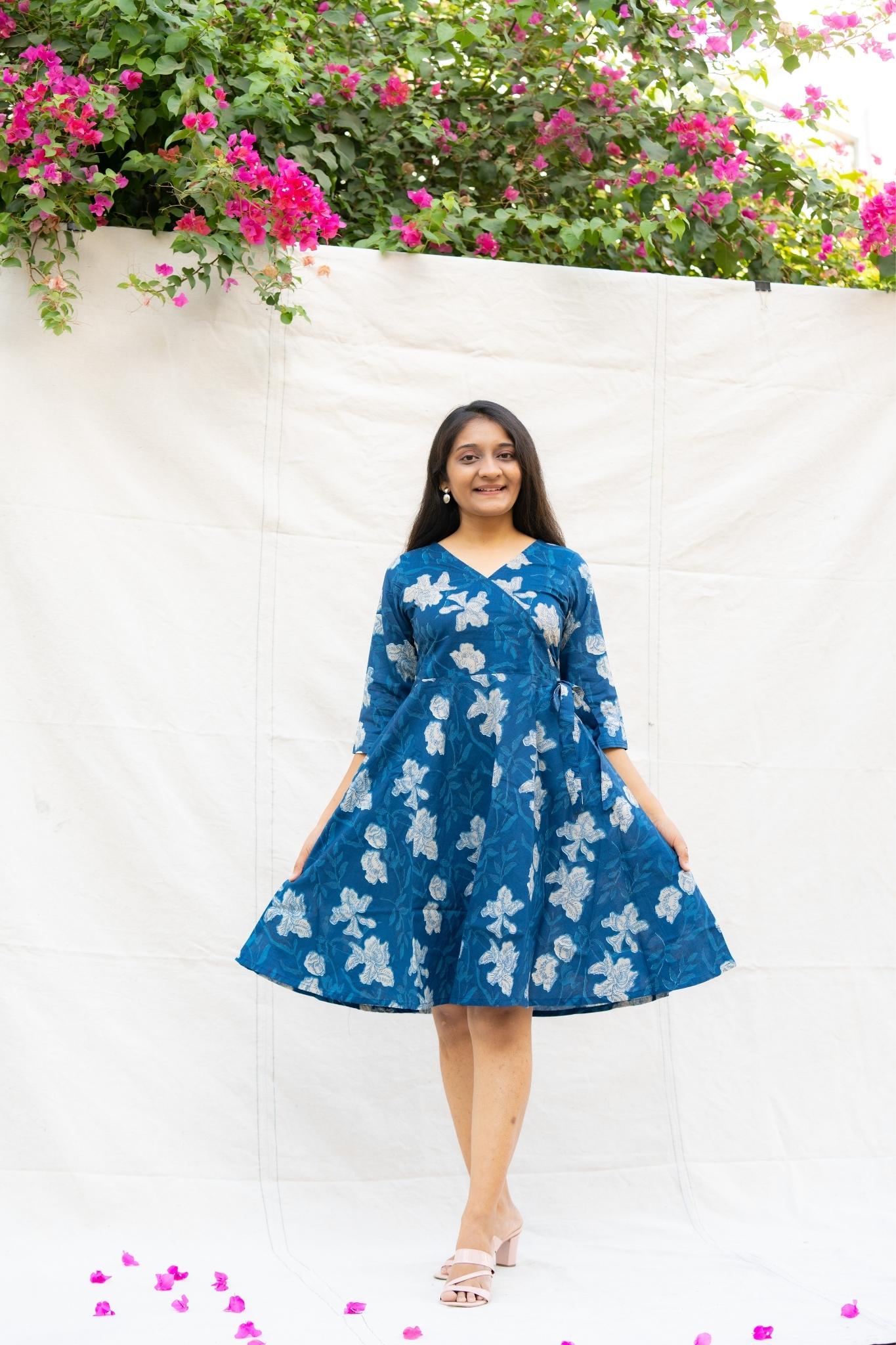 Iktara Blue Floral Cotton Knee length Dress