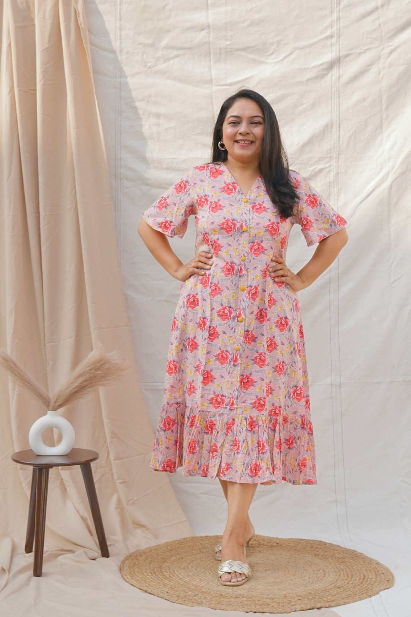 Light Pink Midi Length Floral Print Cotton Dress