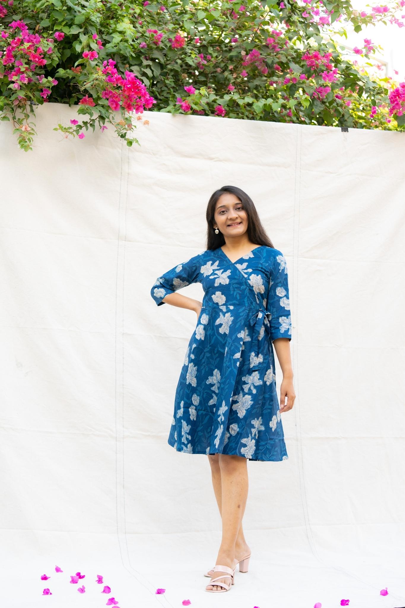 Iktara Blue Floral Cotton Knee length Dress