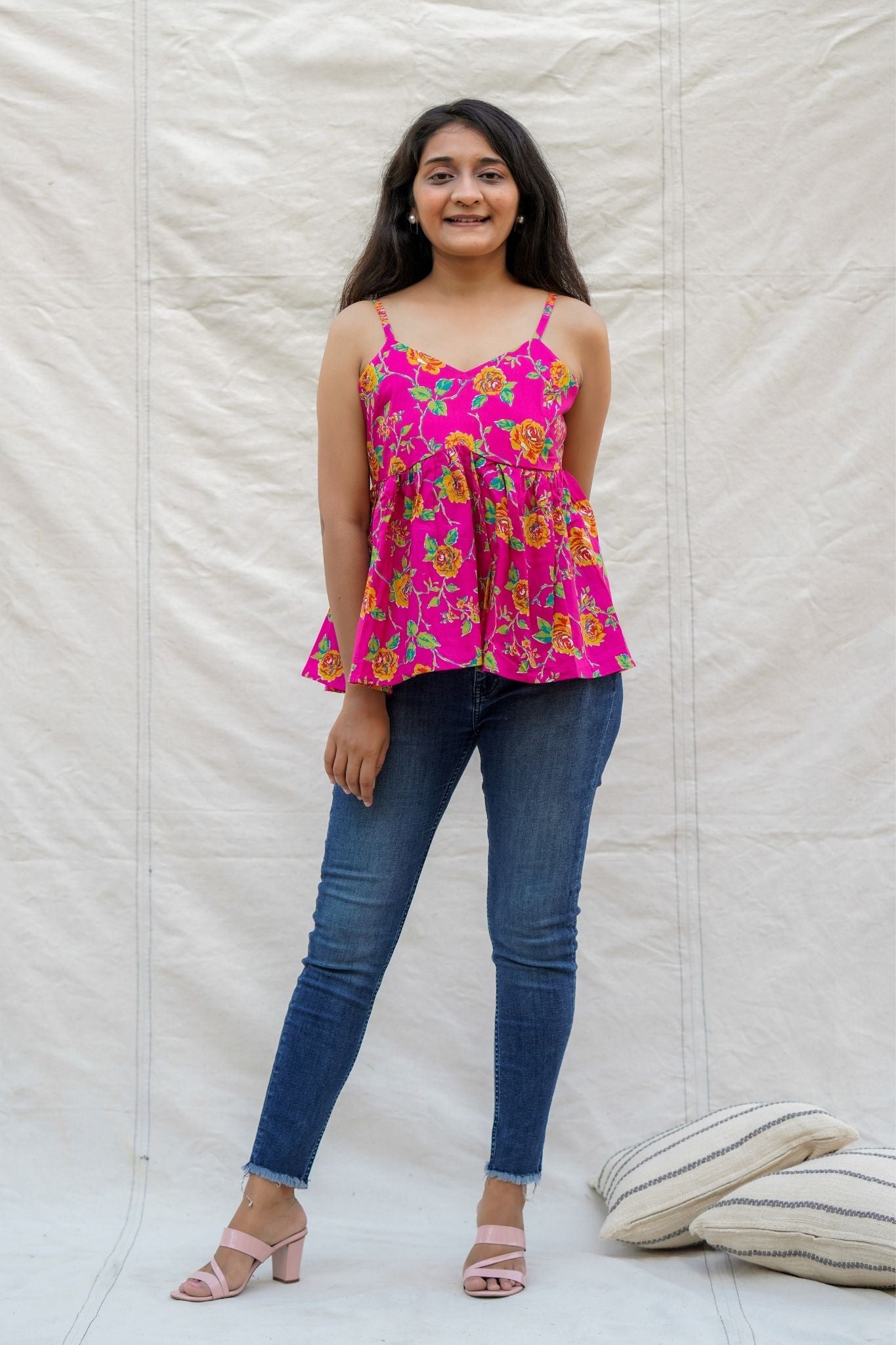 Mary Poppins Pink Floral Spaghetti Cotton Top