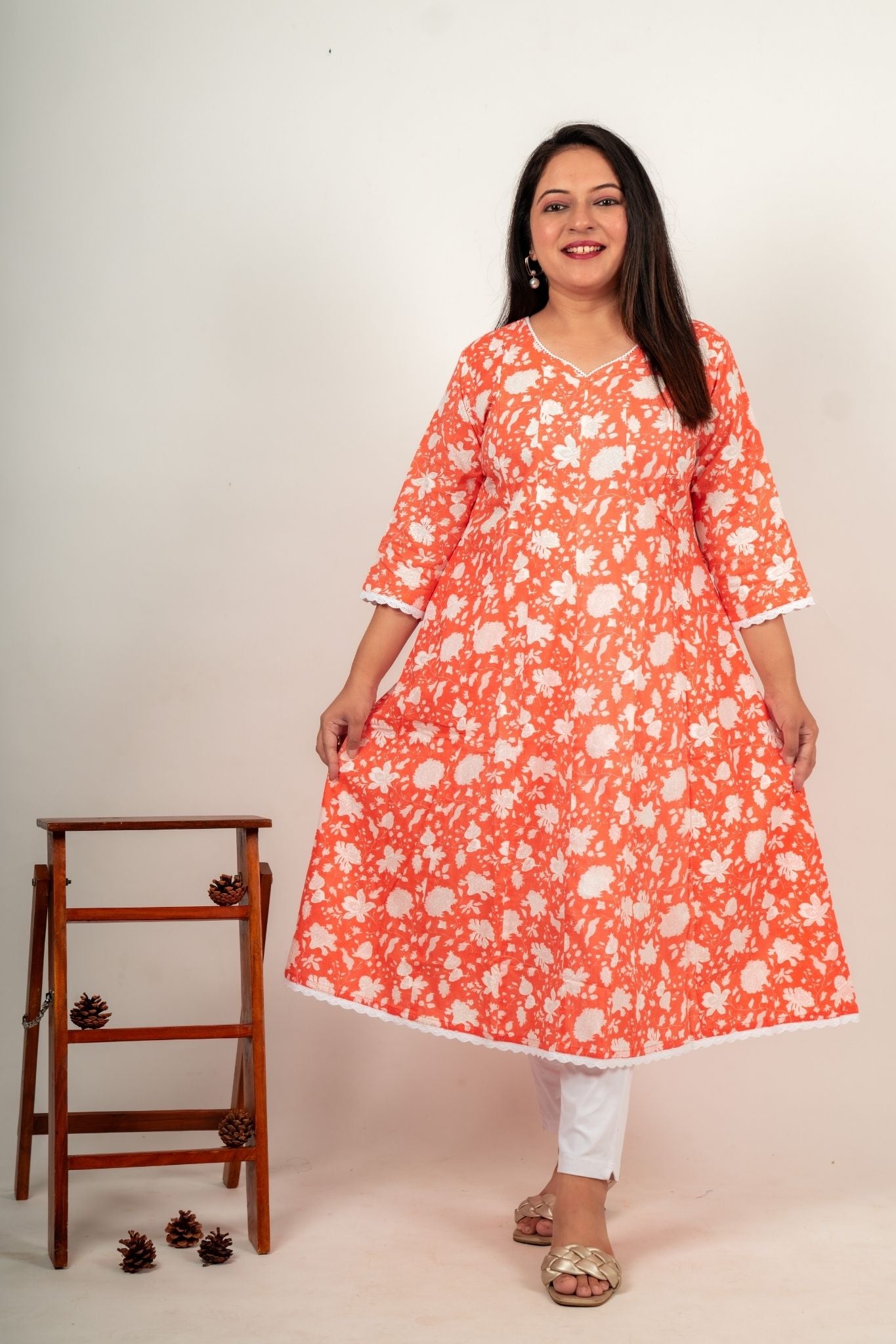 Peach Maternity Cotton Kurta With Sweetheart neck