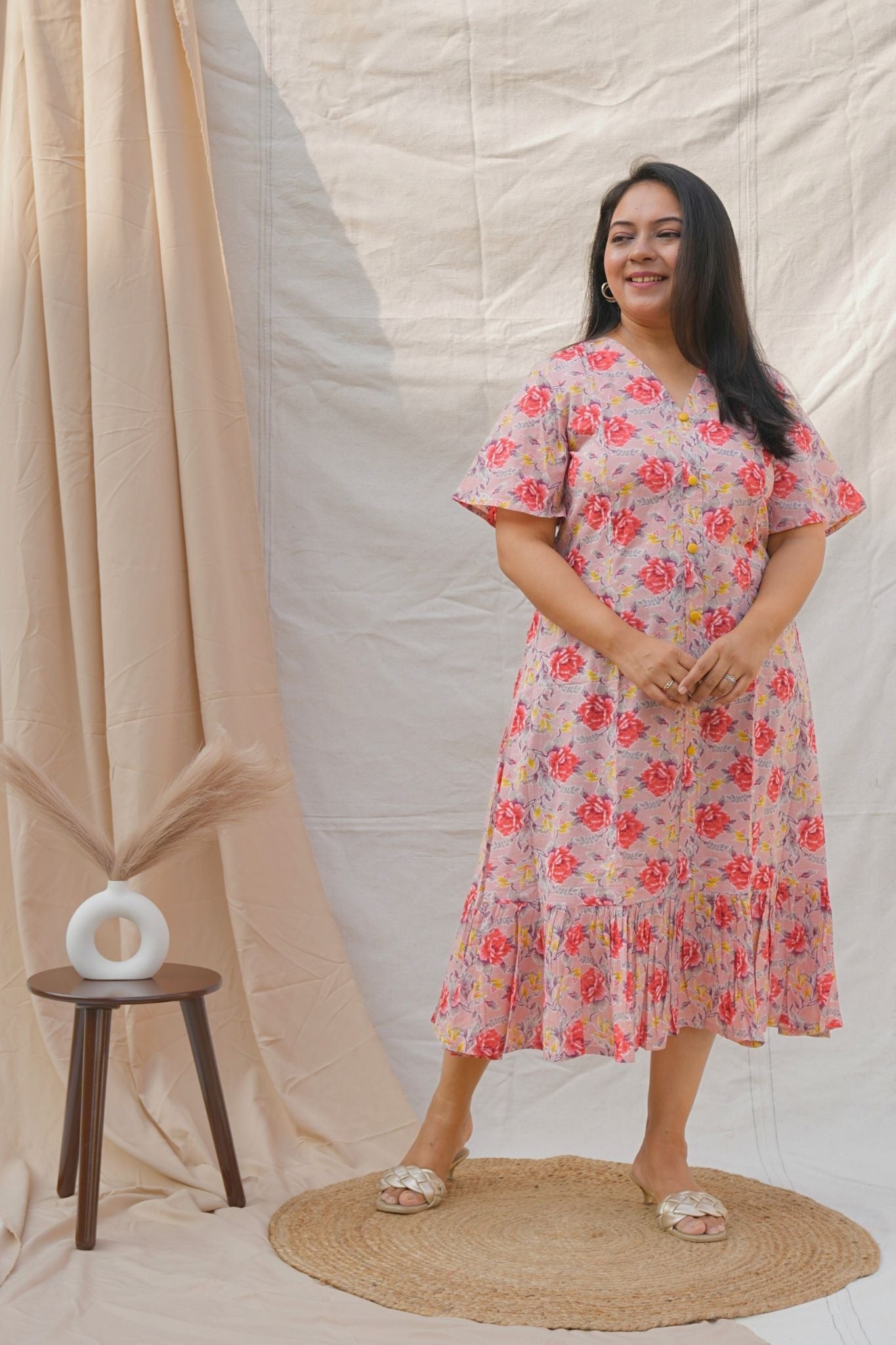 Light Pink V neck Maternity Cotton Dress