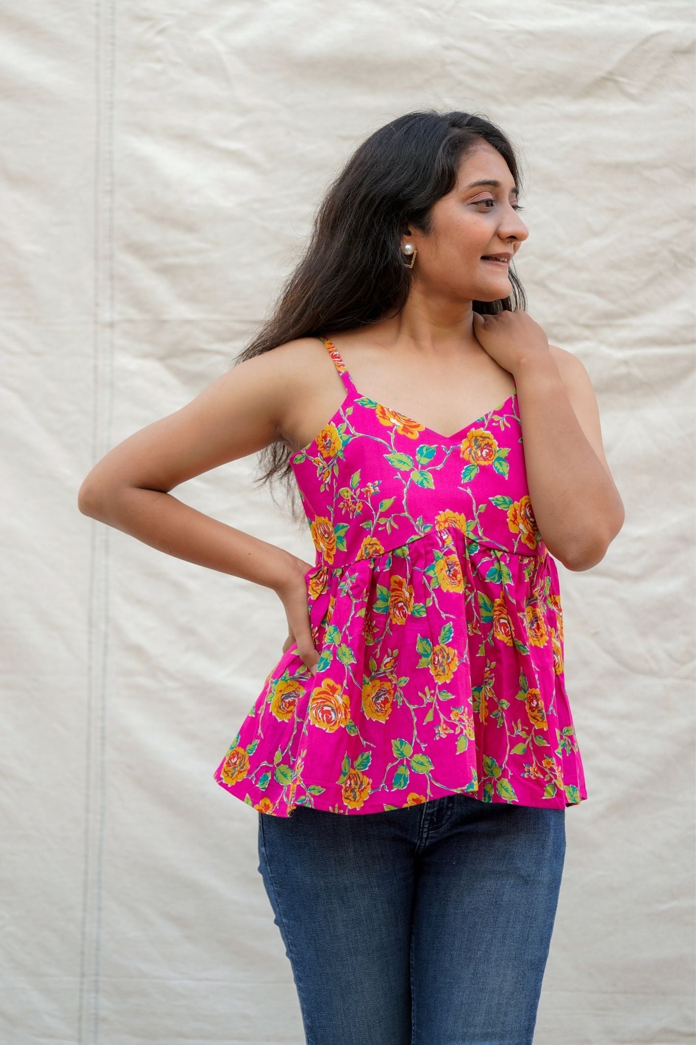 Mary Poppins Pink Floral Spaghetti Cotton Top