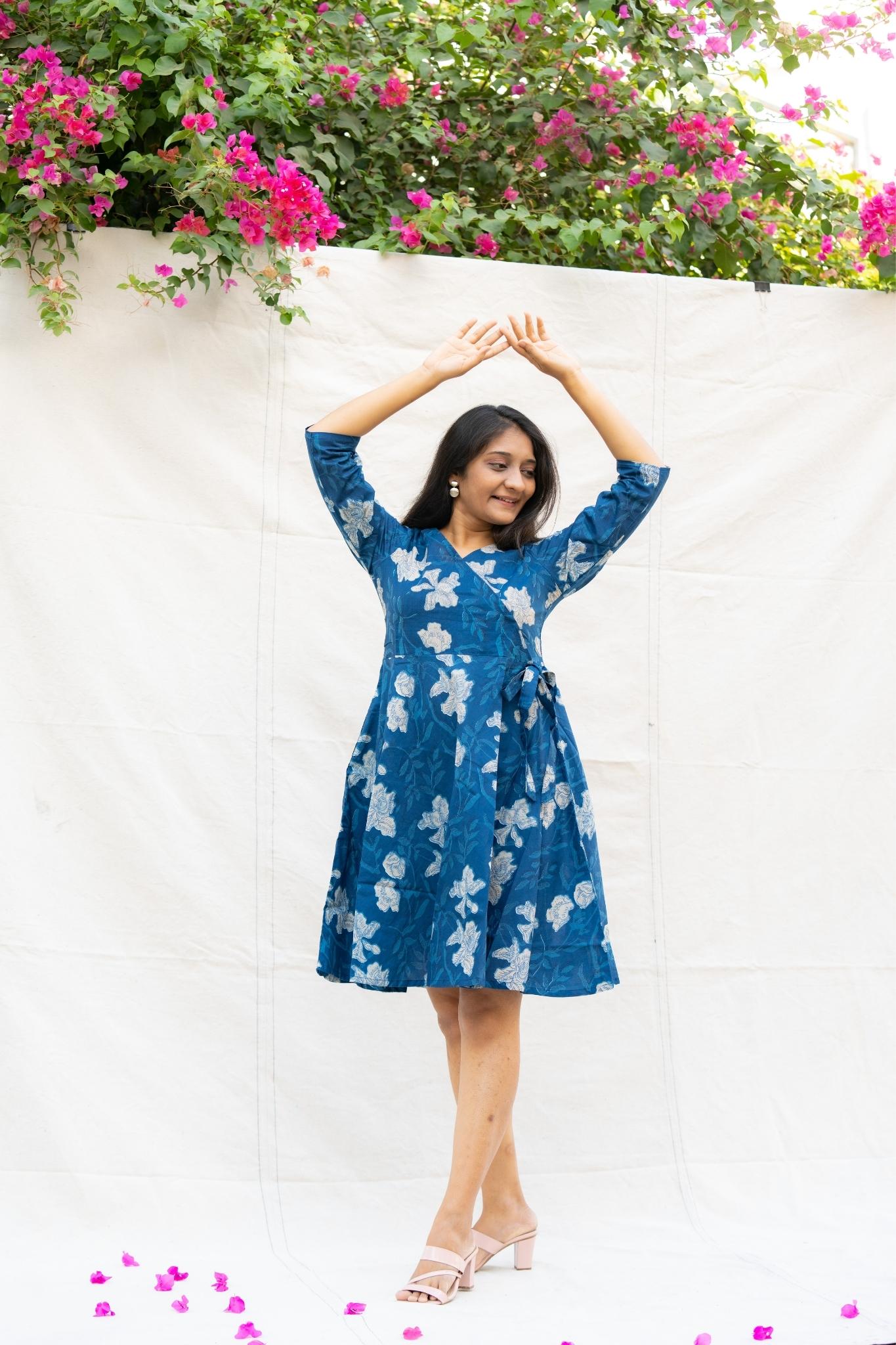 Iktara Blue Floral Cotton Knee length Dress