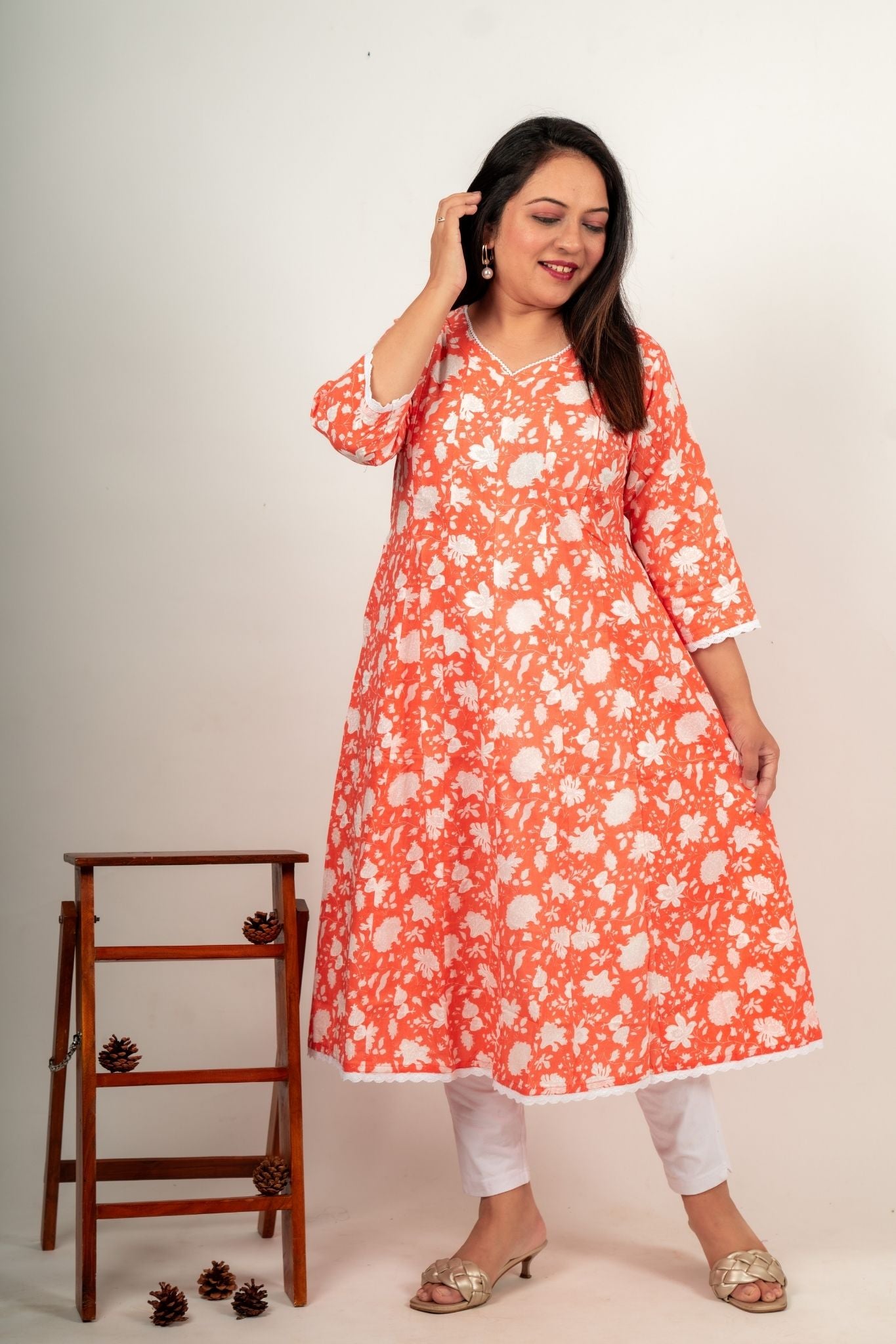 Peach Maternity Kurta With Floral Print