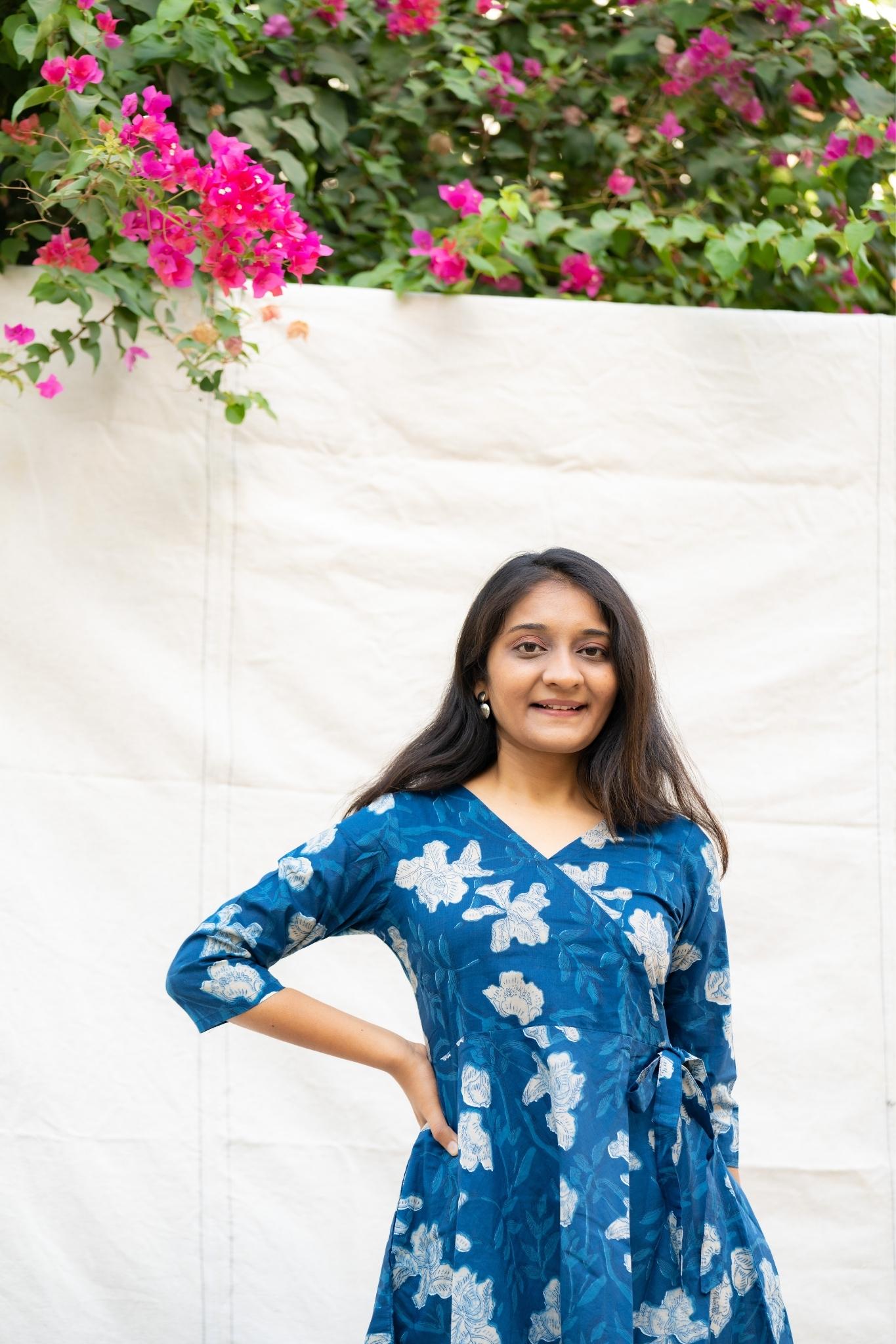 Iktara Blue Floral Cotton Knee length Dress