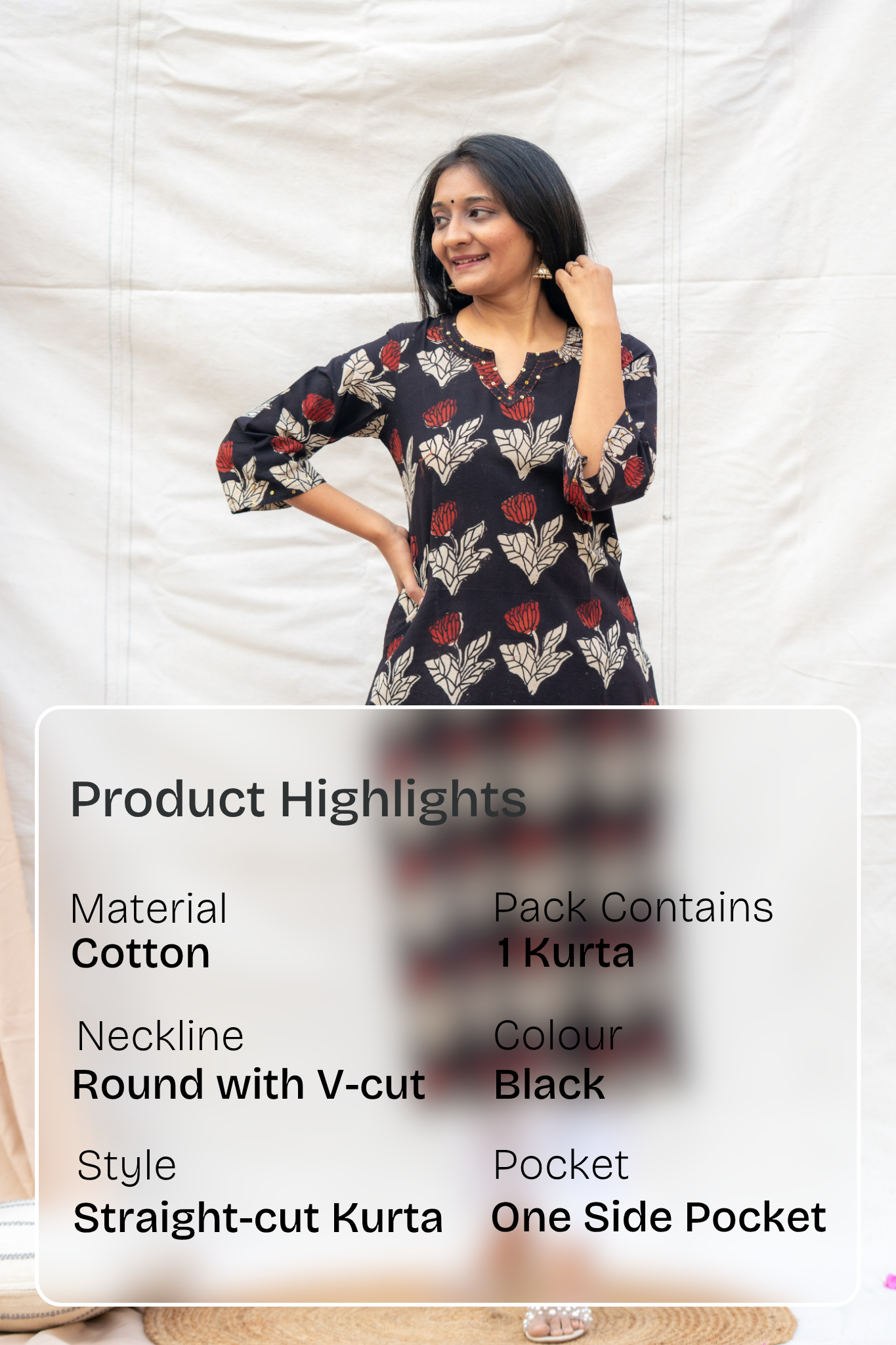 Seher Black Handblock Straight-Cut Cotton Kurta