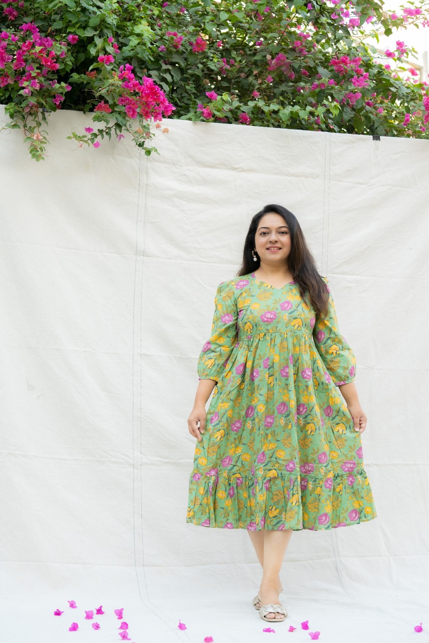 Pastel Green floral Midi Dress