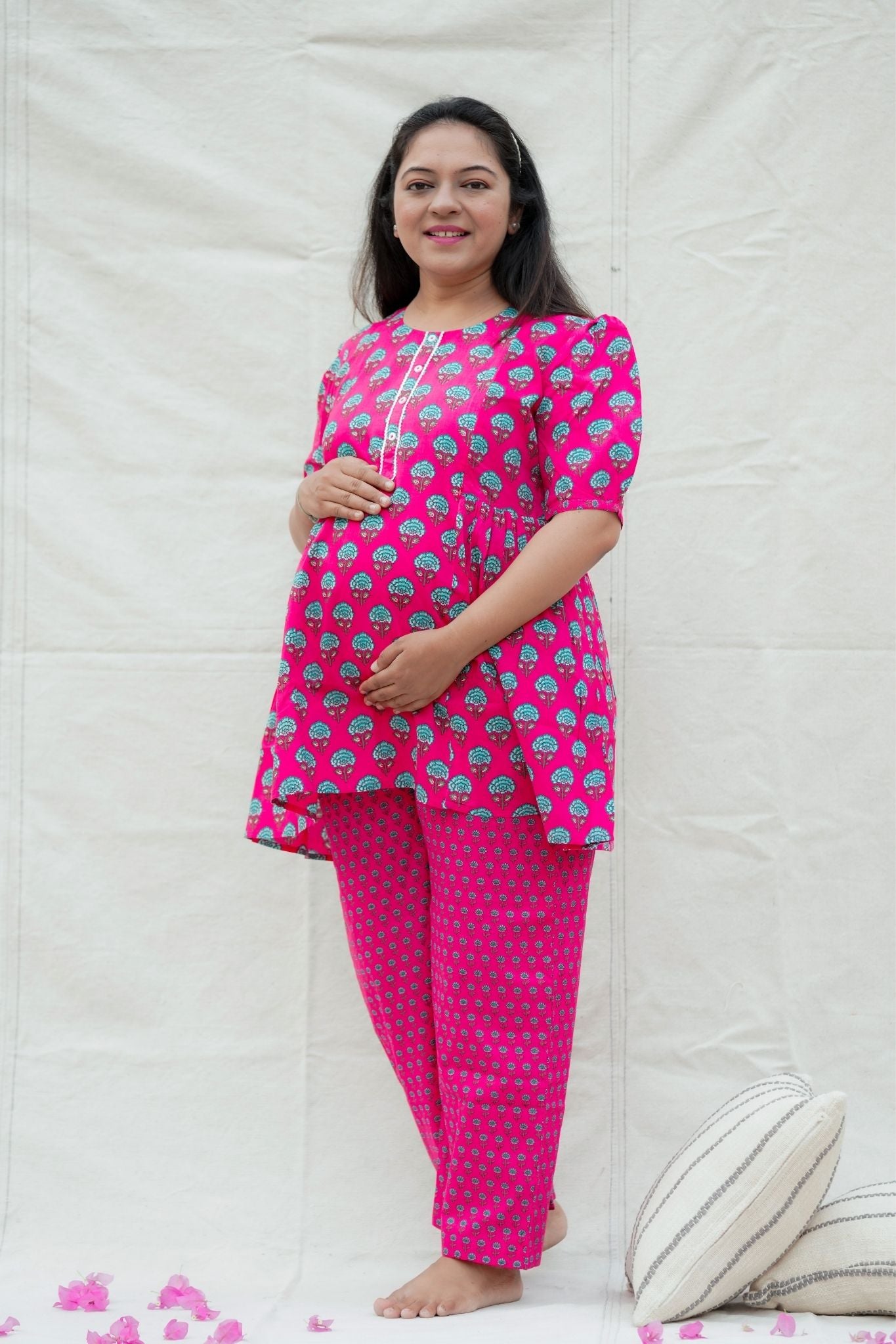 Rani Dark Pink Materinty and Nursing Cotton Lounge Wear Set
